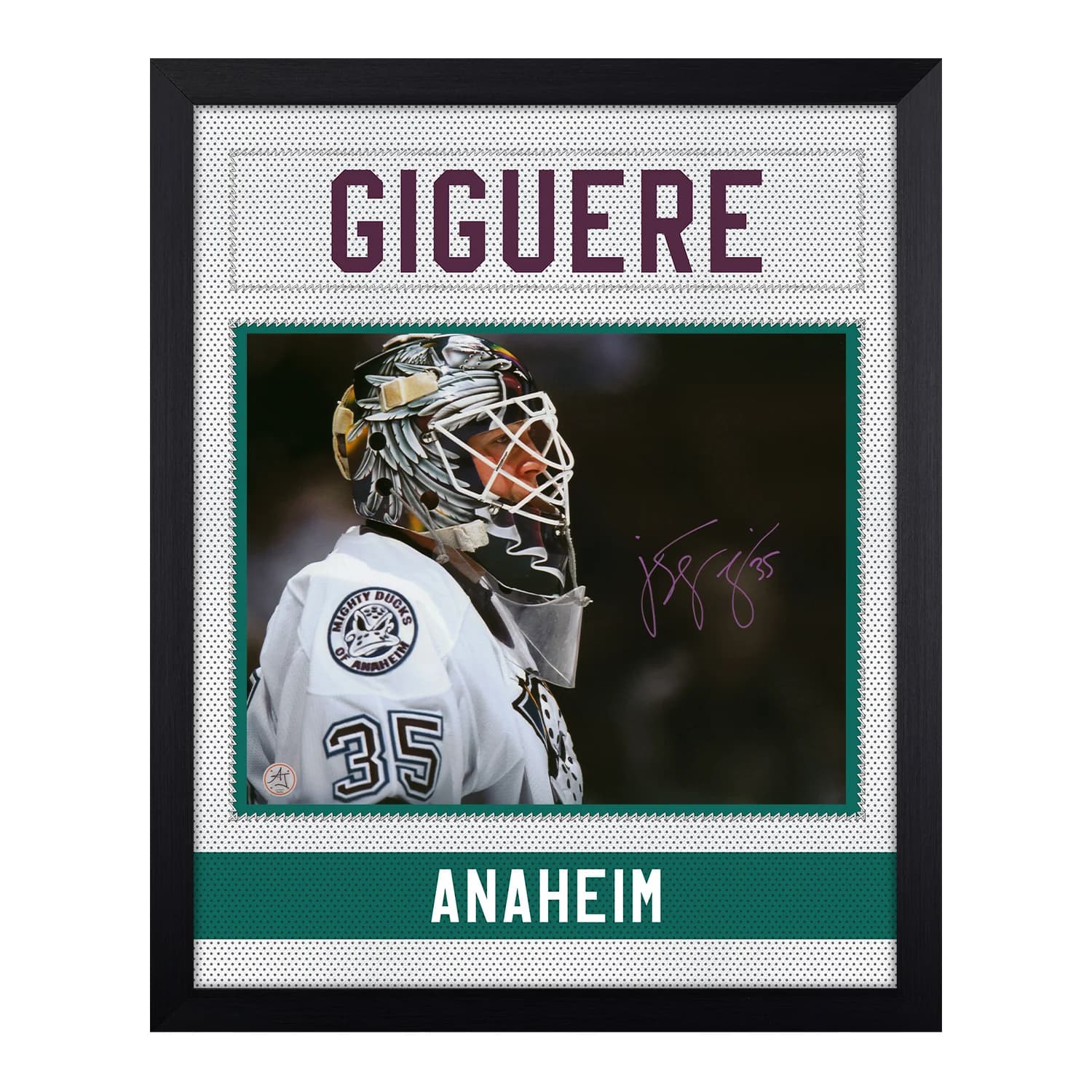 JS Giguere Signed Anaheim Mighty Ducks Uniform Graphic 19x23 Frame JS Giguere Jersey 19x23-anaheim-mighty-ducks-uniform-graphic-frame, supplier stock photo
