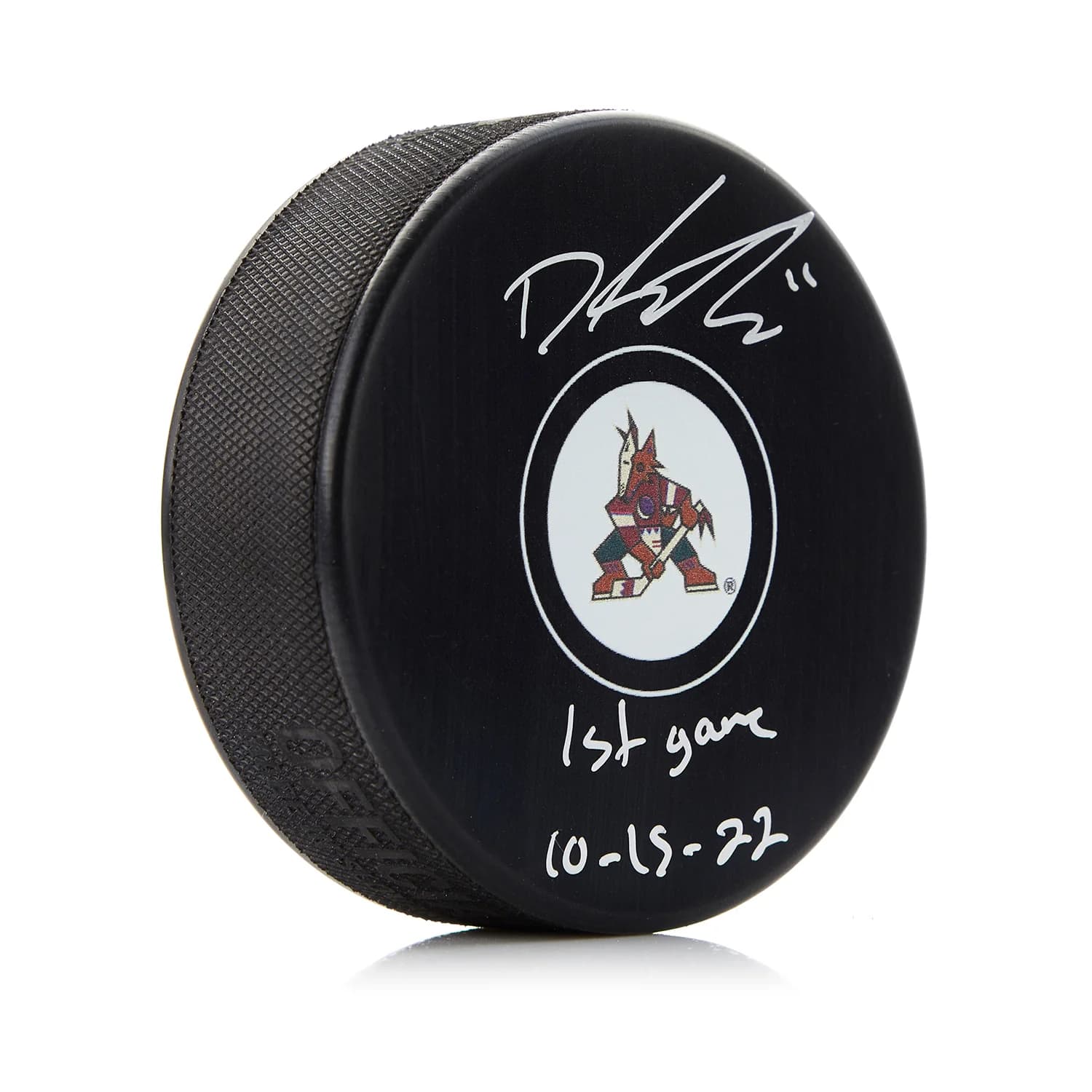 Dylan Guenther Arizona Coyotes Signed & Dated 1st NHL Game Puck Dylan Guenther Puck dated-1st-nhl-game, Arizona Coyotes, supplier stock photo