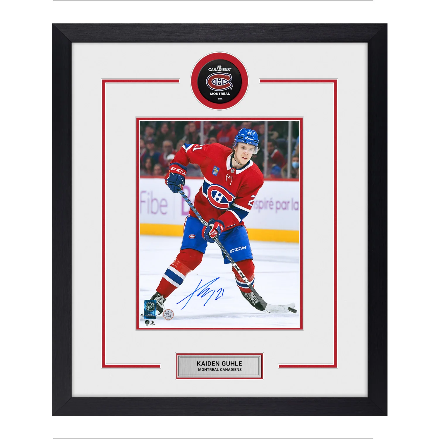 Kaiden Guhle Autographed Montreal Canadiens Puck Logo 23x27 Frame Kaiden Guhle Puck 23x27-logo-frame, Montreal Canadiens, supplier stock photo