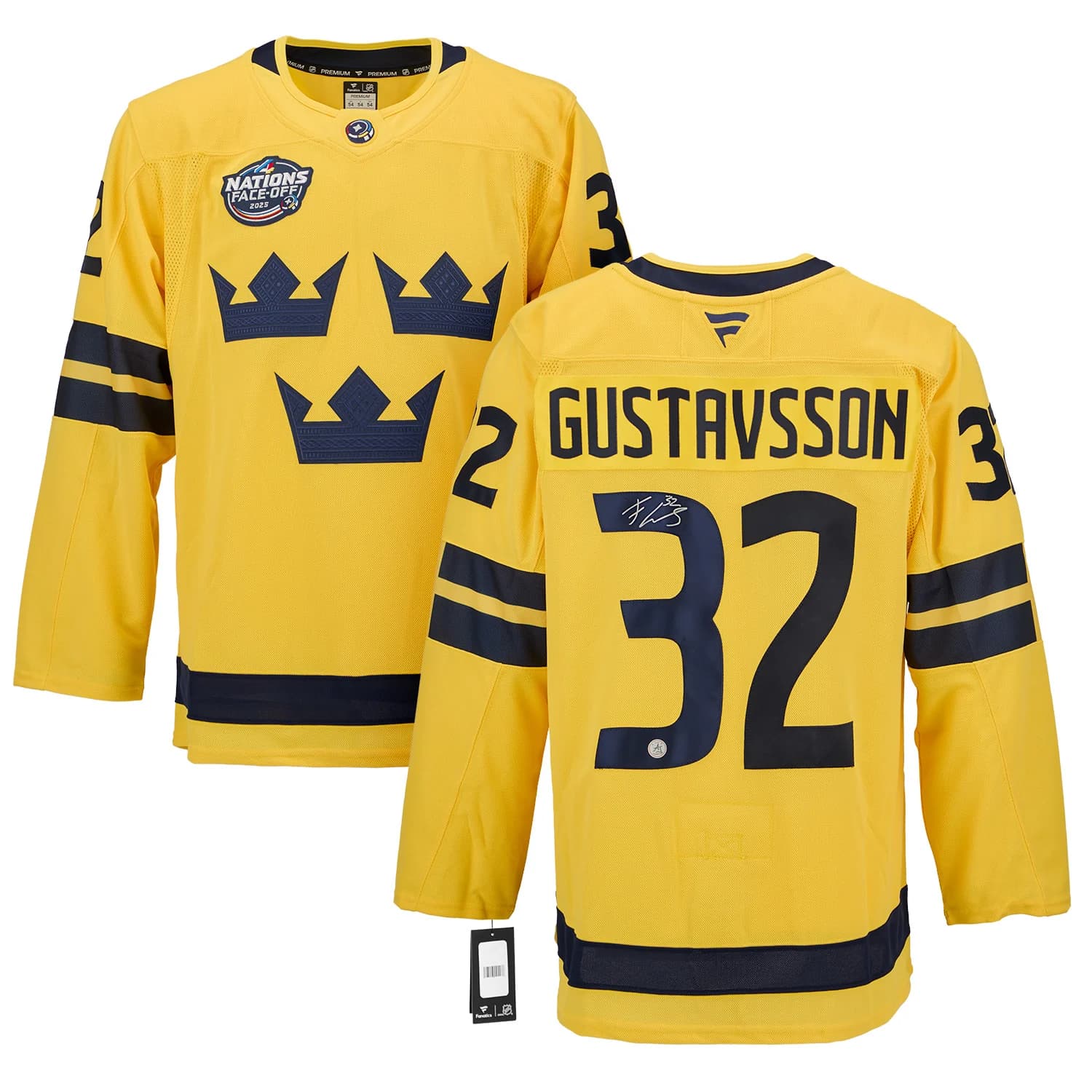Filip Gustavsson Signed Team Sweden 4 Nations Face-Off Fanatics Premium Jersey Filip Gustavsson Jersey team-sweden-4-nations-face-off, view 3, supplier stock photo