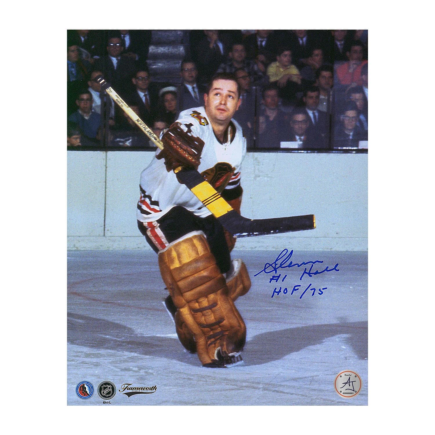 Glenn Hall Signed Chicago Blackhawks Puck In Air 8x10 Photo with Note Glenn Hall Puck 8x10-air-note, Chicago Blackhawks, supplier stock photo