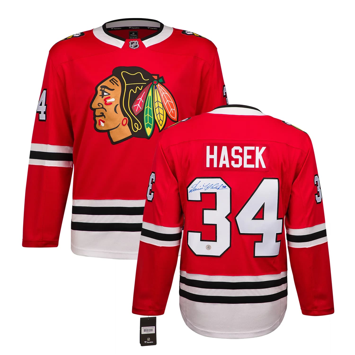 Dominik Hasek Autographed Chicago Blackhawks Red Fanatics Breakaway Jersey Dominik Hasek Jersey dominik-hasek-red-breakaway, Chicago Blackhawks, view 3, supplier stock photo