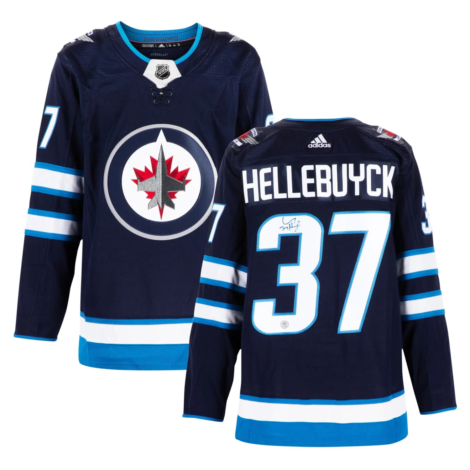 Connor Hellebuyck Autographed Winnipeg Jets Blue adidas Jersey Connor Hellebuyck Jersey blue-adidas, Winnipeg Jets, view 3, supplier stock photo