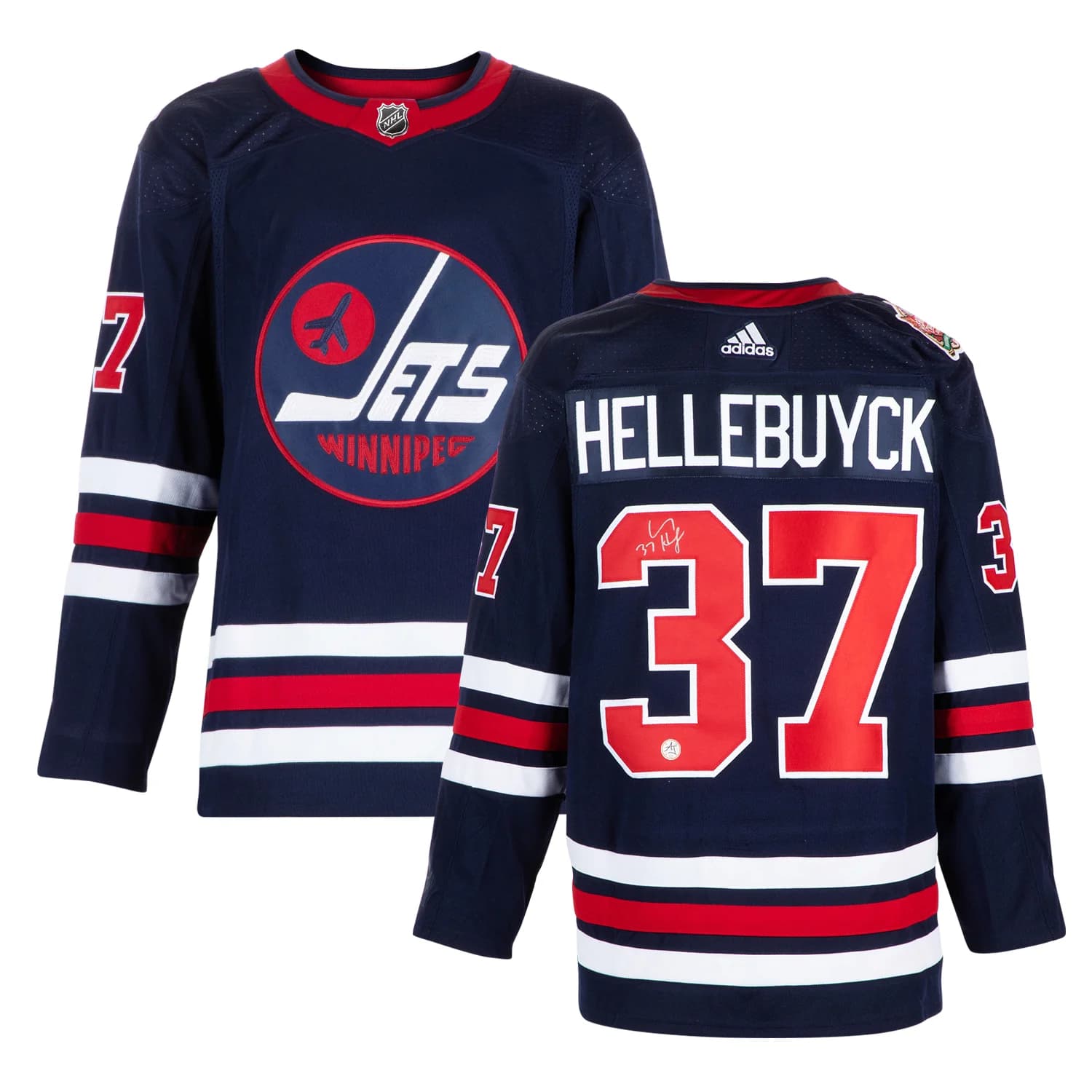 Connor Hellebuyck Signed Winnipeg Jets 2019 Heritage Classic adidas Jersey Connor Hellebuyck Jersey 2019-heritage-classic-adidas, Winnipeg Jets, view 3, supplier stock photo