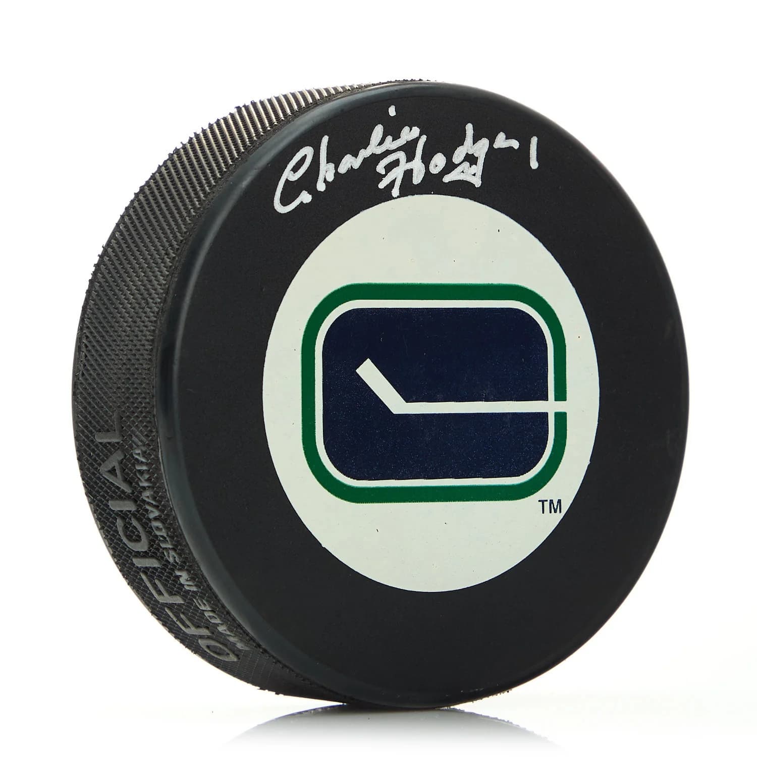 Charlie Hodge Vancouver Canucks Autographed Hockey Puck Charlie Hodge Puck hockey, Vancouver Canucks, supplier stock photo
