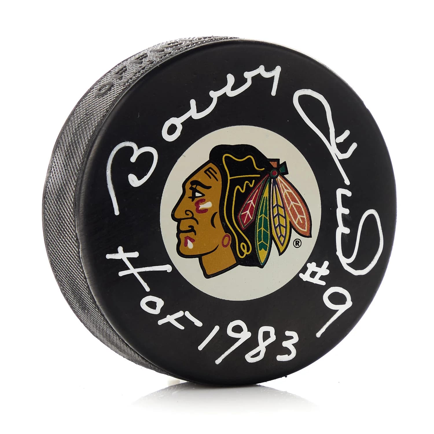 Bobby Hull Signed Chicago Blackhawks Hockey Puck with HOF Note Bobby Hull Puck hockey-hof-note, Chicago Blackhawks, supplier stock photo