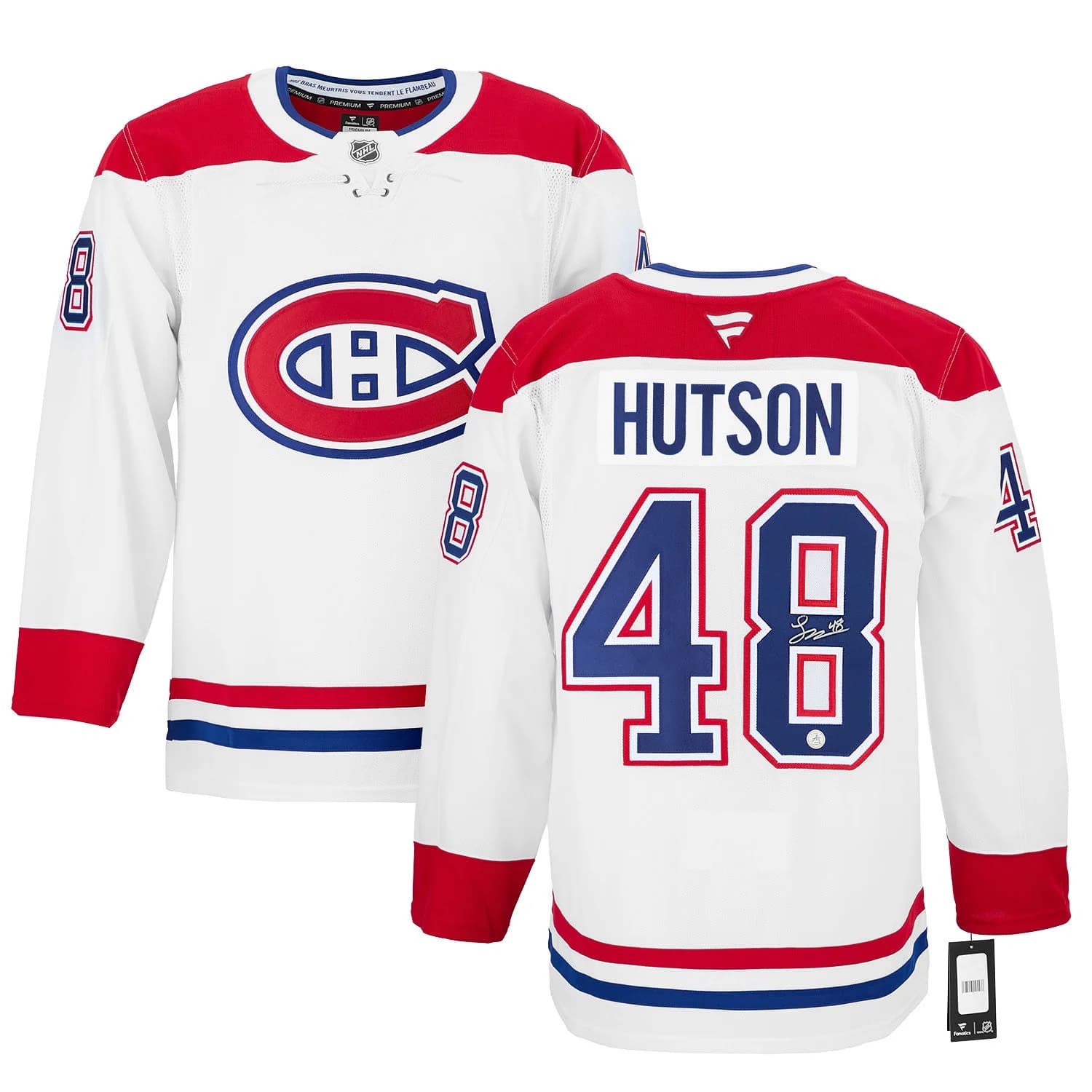 Lane Hutson Signed Montreal Canadiens White Fanatics Premium Jersey Lane Hutson Jersey lane-hutson-white-premium, Montreal Canadiens, view 3, supplier stock photo