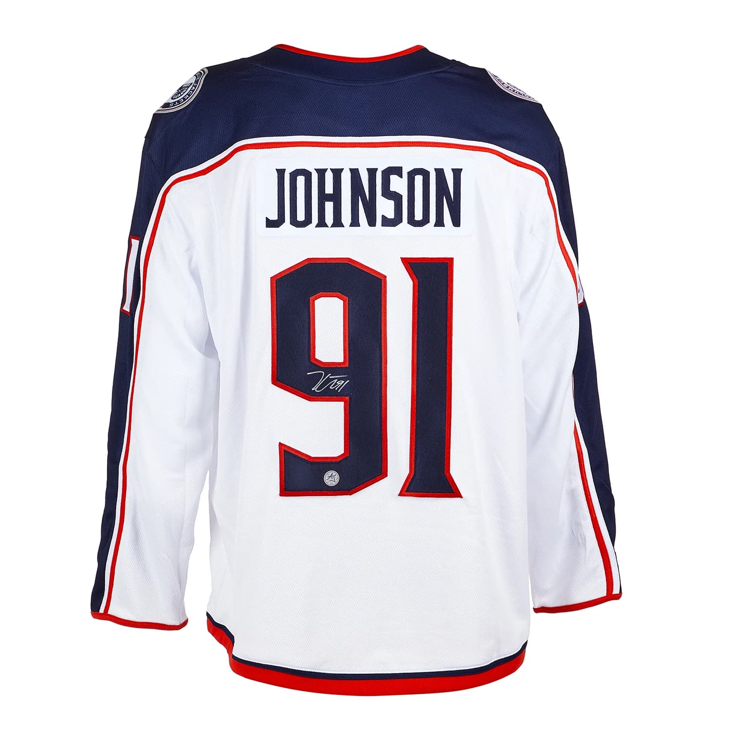 Kent Johnson Signed Columbus Blue Jackets White Fanatics Breakaway Jersey Kent Johnson Jersey white-breakaway, Columbus Blue Jackets, supplier stock photo