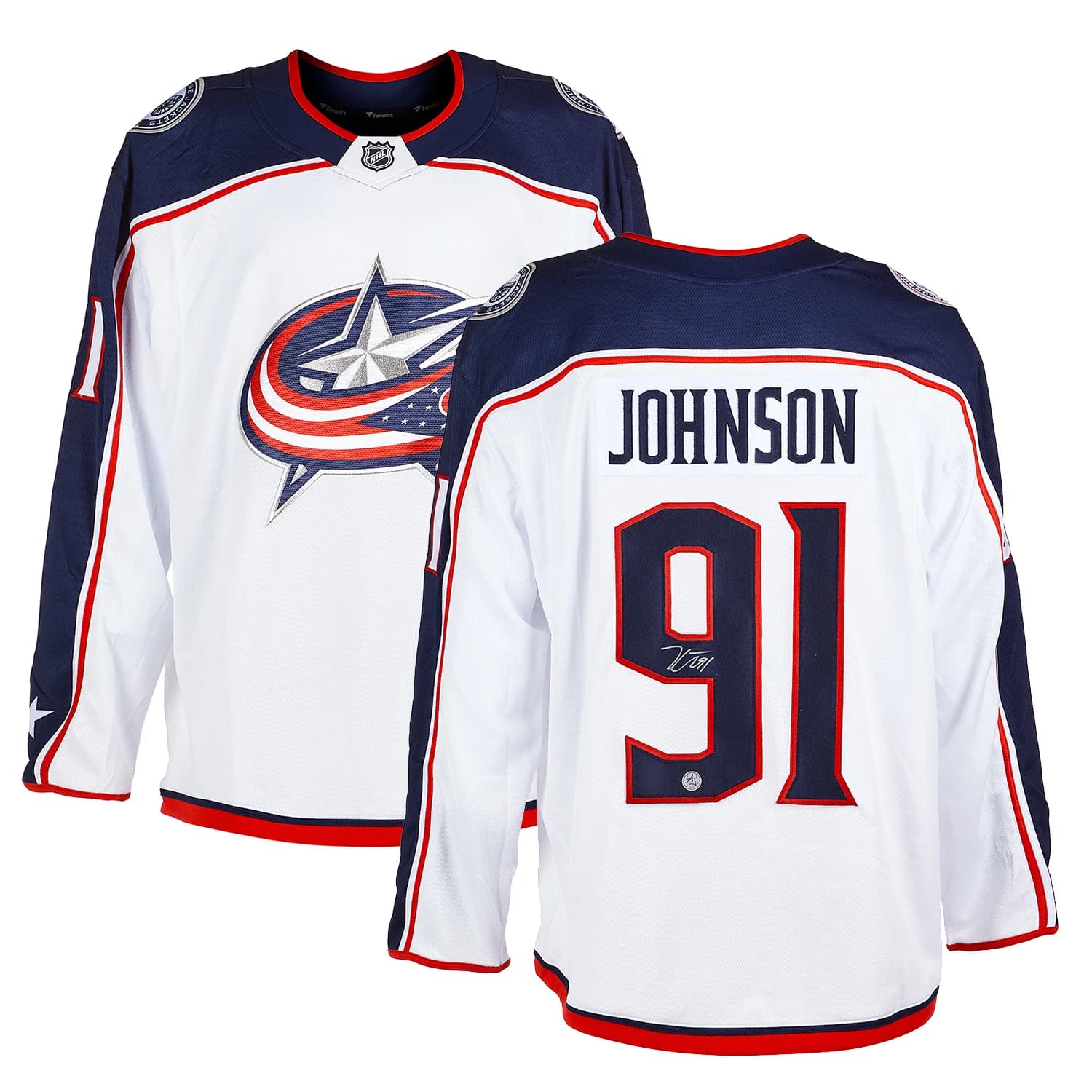 Kent Johnson Signed Columbus Blue Jackets White Fanatics Breakaway Jersey Kent Johnson Jersey white-breakaway, Columbus Blue Jackets, view 3, supplier stock photo