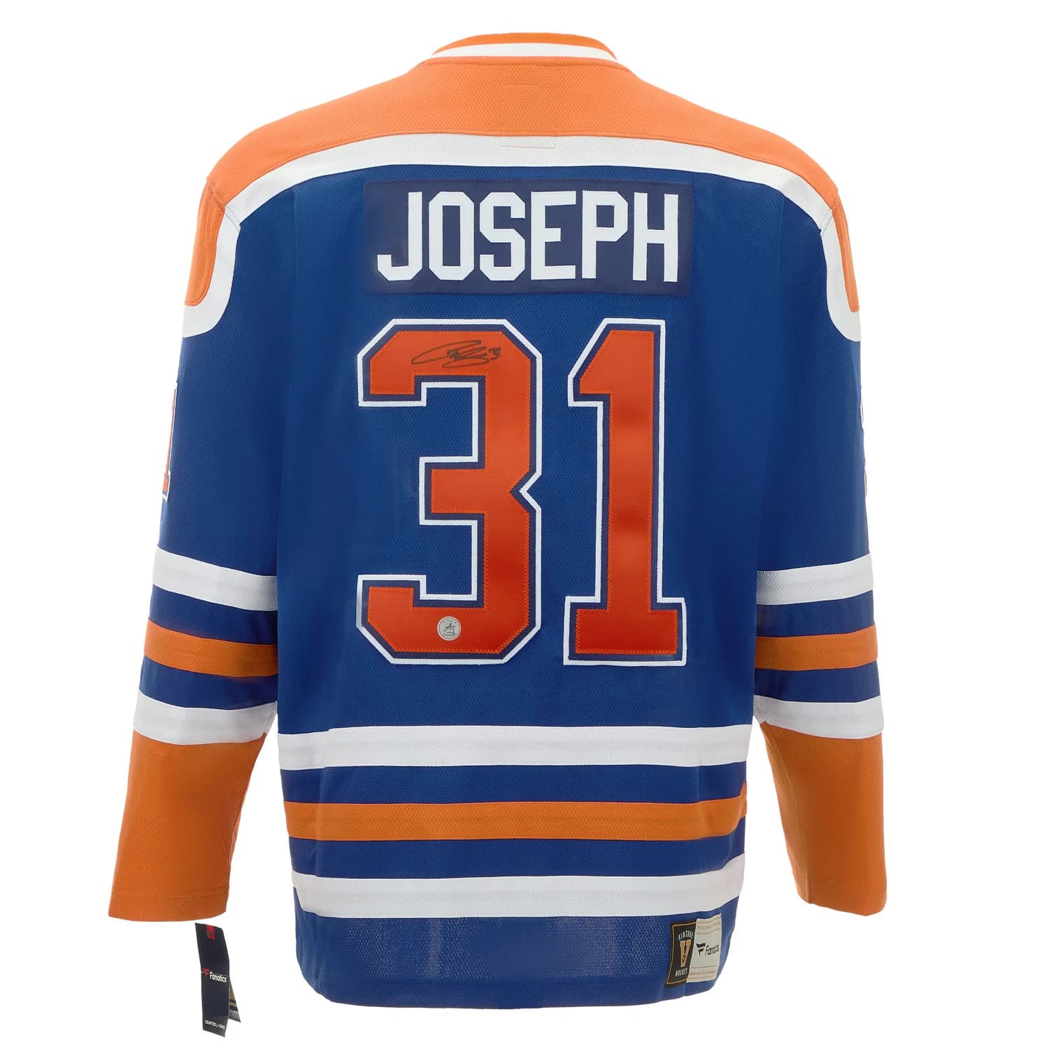 Curtis Joseph Autographed Edmonton Oilers Fanatics Throwback Jersey Curtis Joseph Jersey throwback, Edmonton Oilers, supplier stock photo