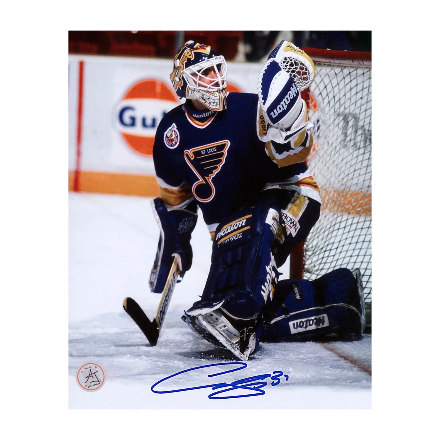 Curtis Joseph Autographed St Louis Blues Glove Save 8x10 Photo Curtis Joseph Glove 8x10-save, St. Louis Blues, supplier stock photo
