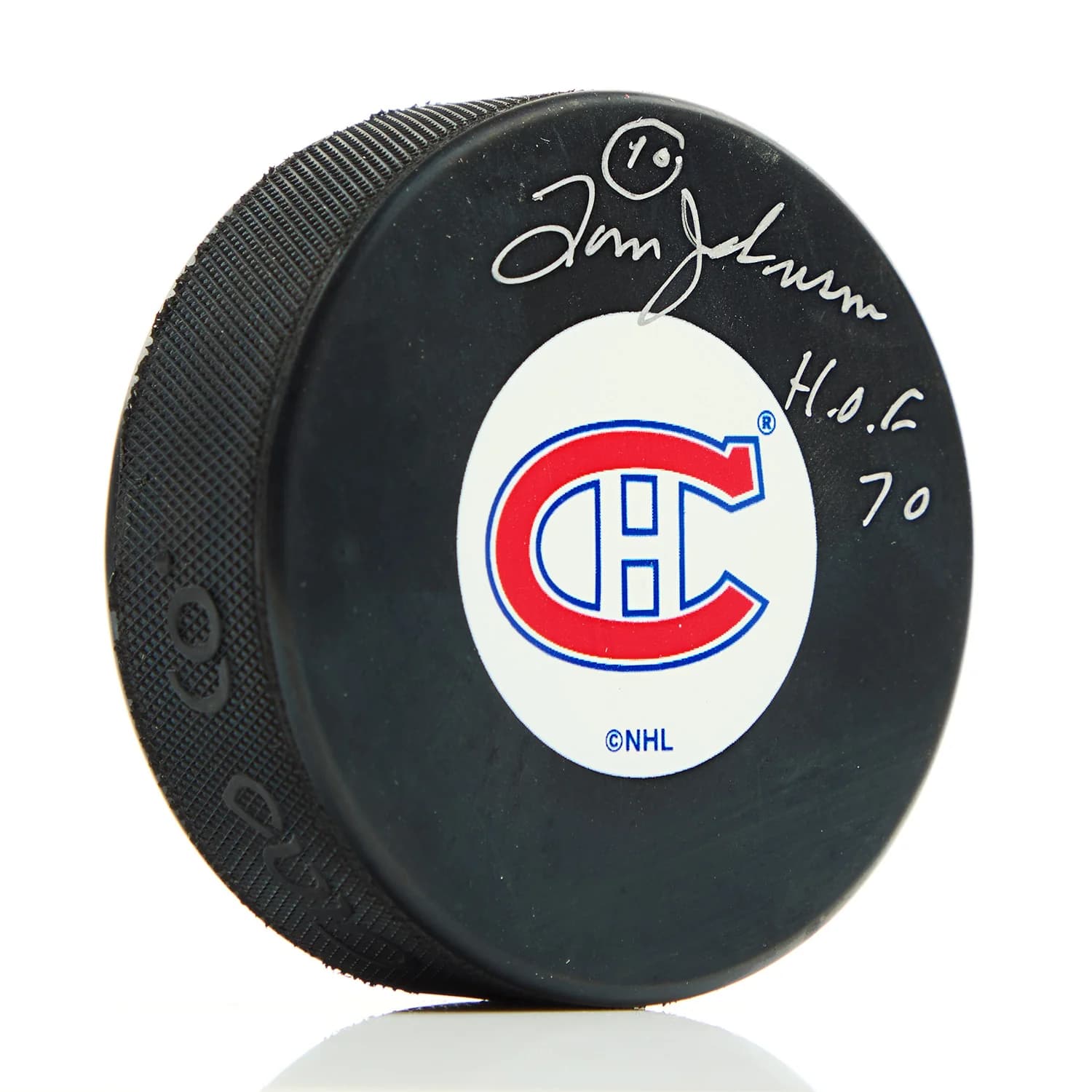 Tom Johnson Signed Montreal Canadiens Hockey Puck with HOF Note Tom Johnson Puck hockey-hof-note, Montreal Canadiens, supplier stock photo