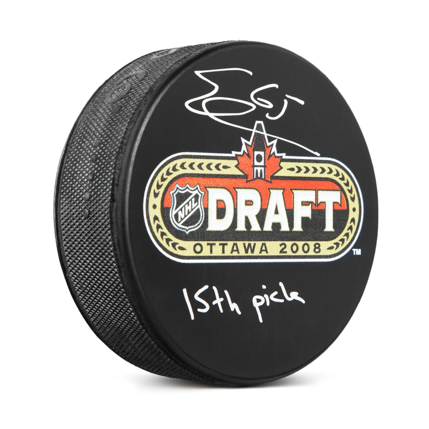Erik Karlsson Signed 2008 NHL Entry Draft Puck with 15th Pick Note Erik Karlsson Puck 2008-nhl-entry-draft-15th-pick, supplier stock photo