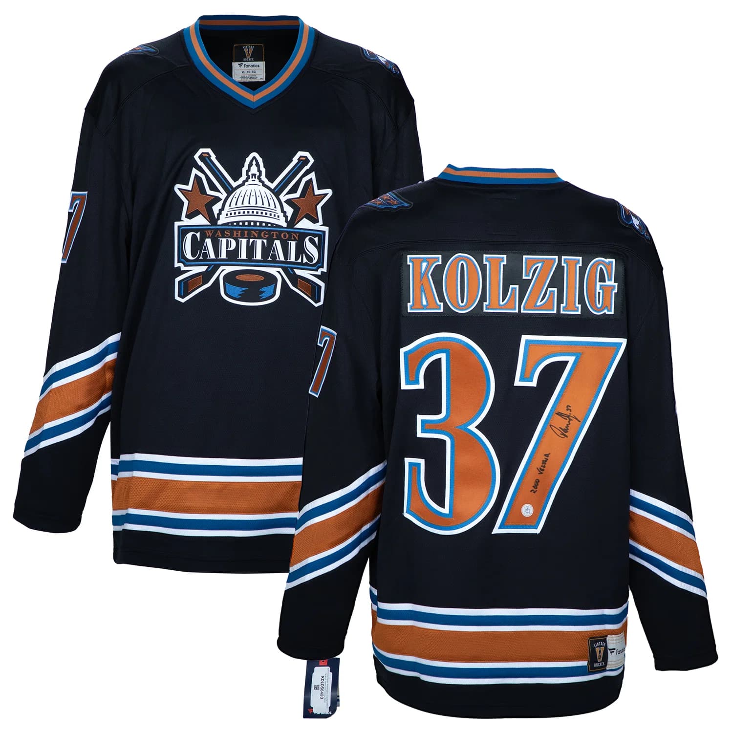 Olaf Kolzig Signed Washington Capitals Retro Fanatics Jersey with Vezina Note Olaf Kolzig Jersey retro-vezina-note, Washington Capitals, view 3, supplier stock photo