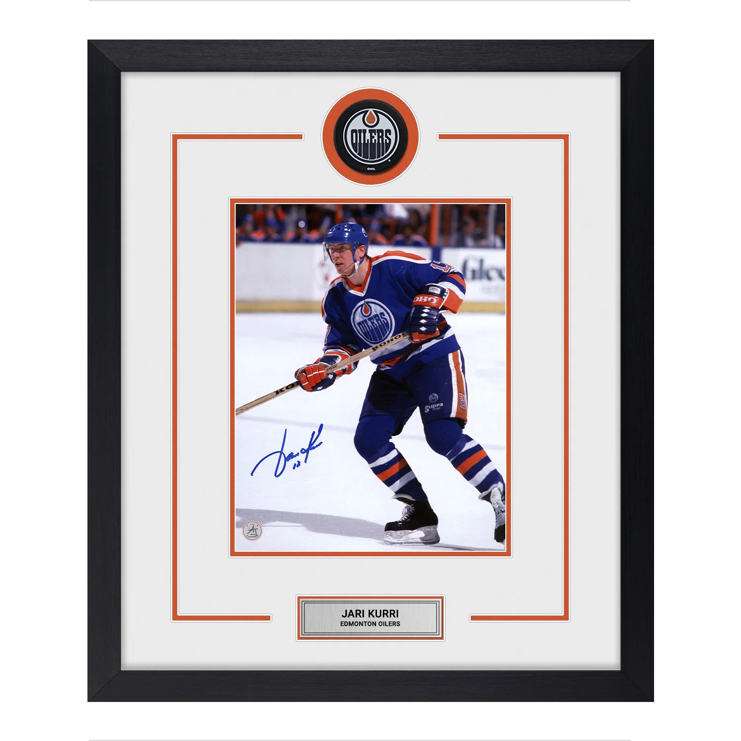 Jari Kurri Autographed Edmonton Oilers Puck Logo 22x26 Frame Jari Kurri Puck 22x26-jari-kurri-logo-frame, Edmonton Oilers, supplier stock photo