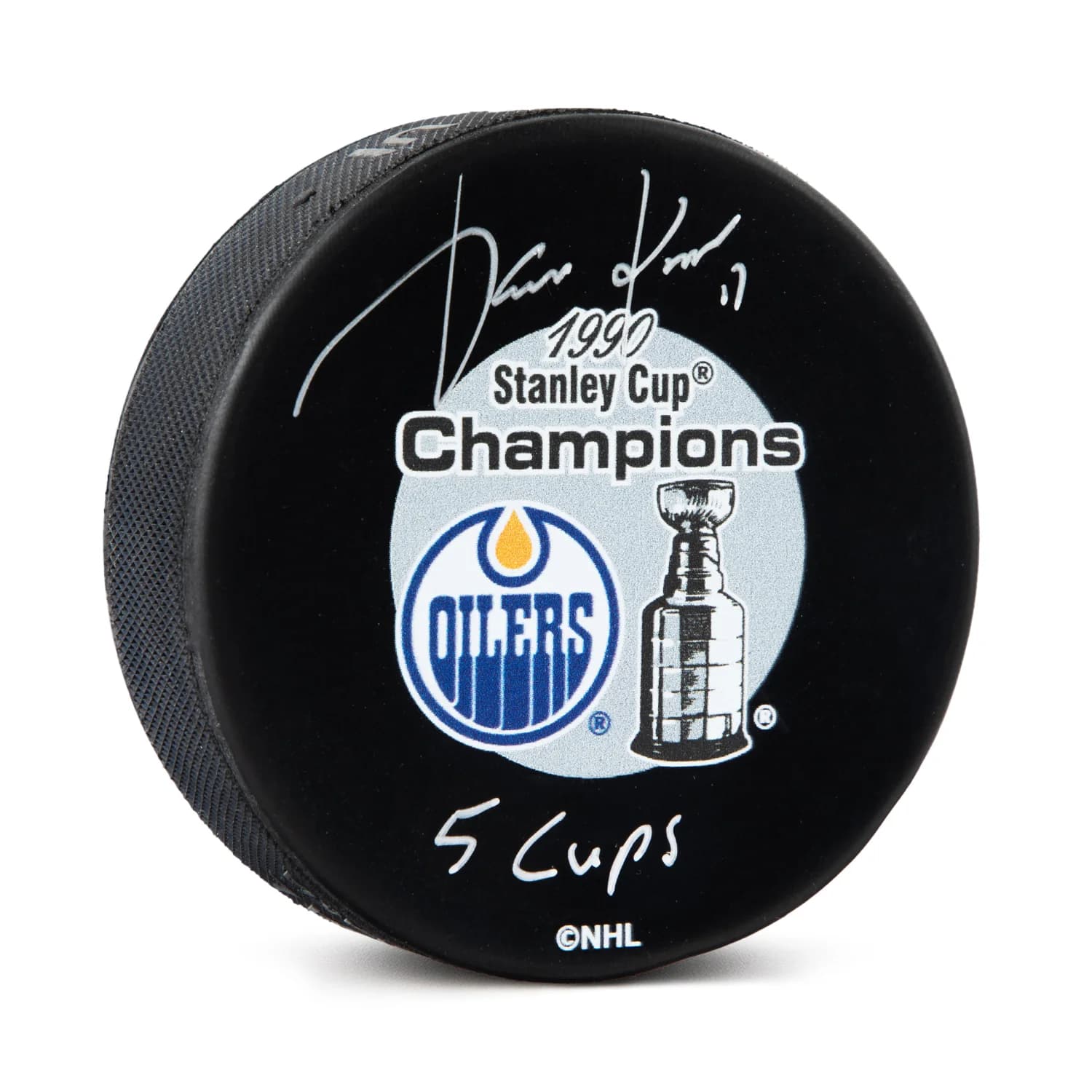 Jari Kurri Signed Edmonton Oilers 1990 Stanley Cup Puck with 5 Cups Note Jari Kurri Puck 1990-stanley-cup-5-cups-note, Edmonton Oilers, supplier stock photo
