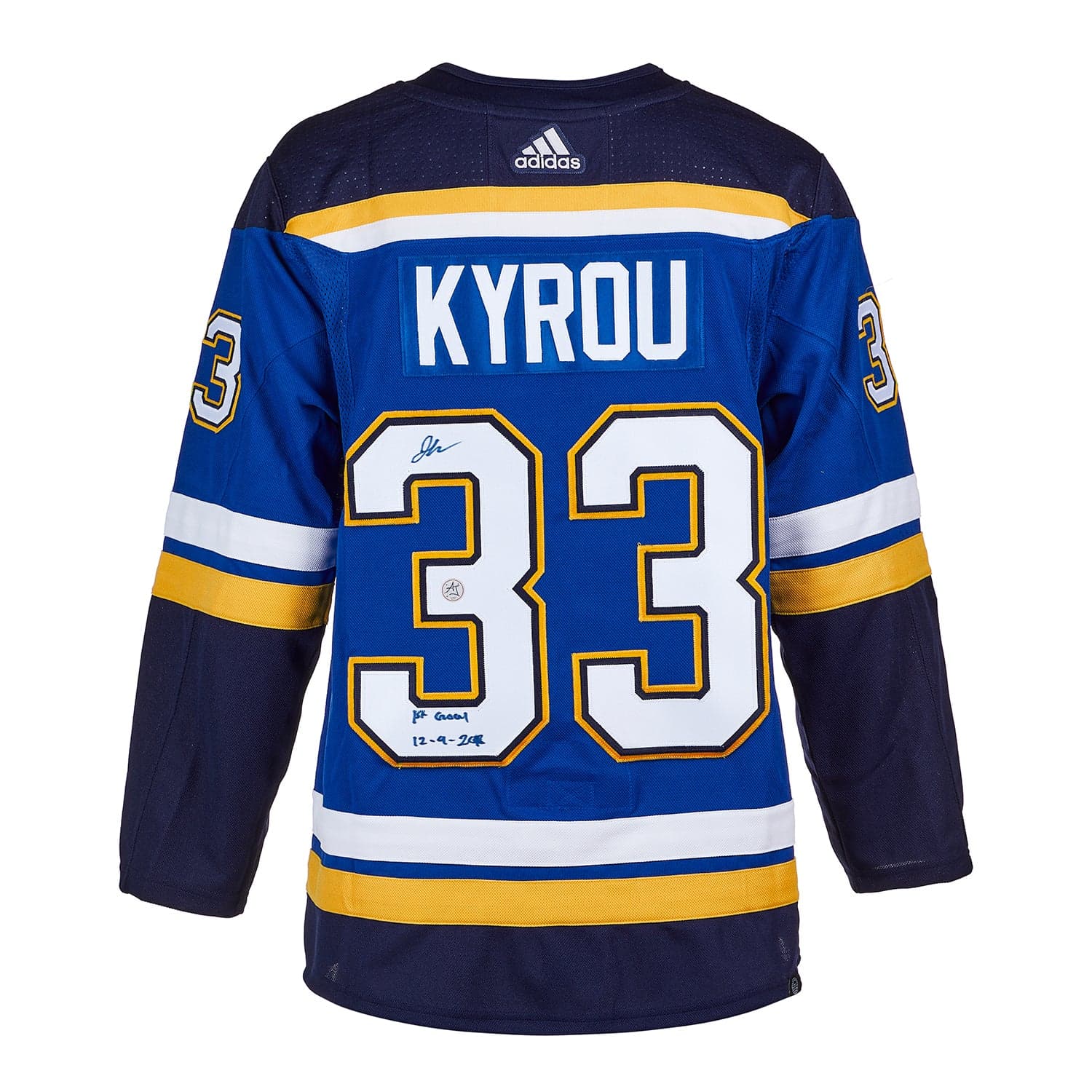 Jordan Kyrou St Louis Blues Signed & Dated 1st Goal adidas Jersey Jordan Kyrou Jersey jordan-kyrou-st-louis-blues-dated, St. Louis Blues, supplier stock photo