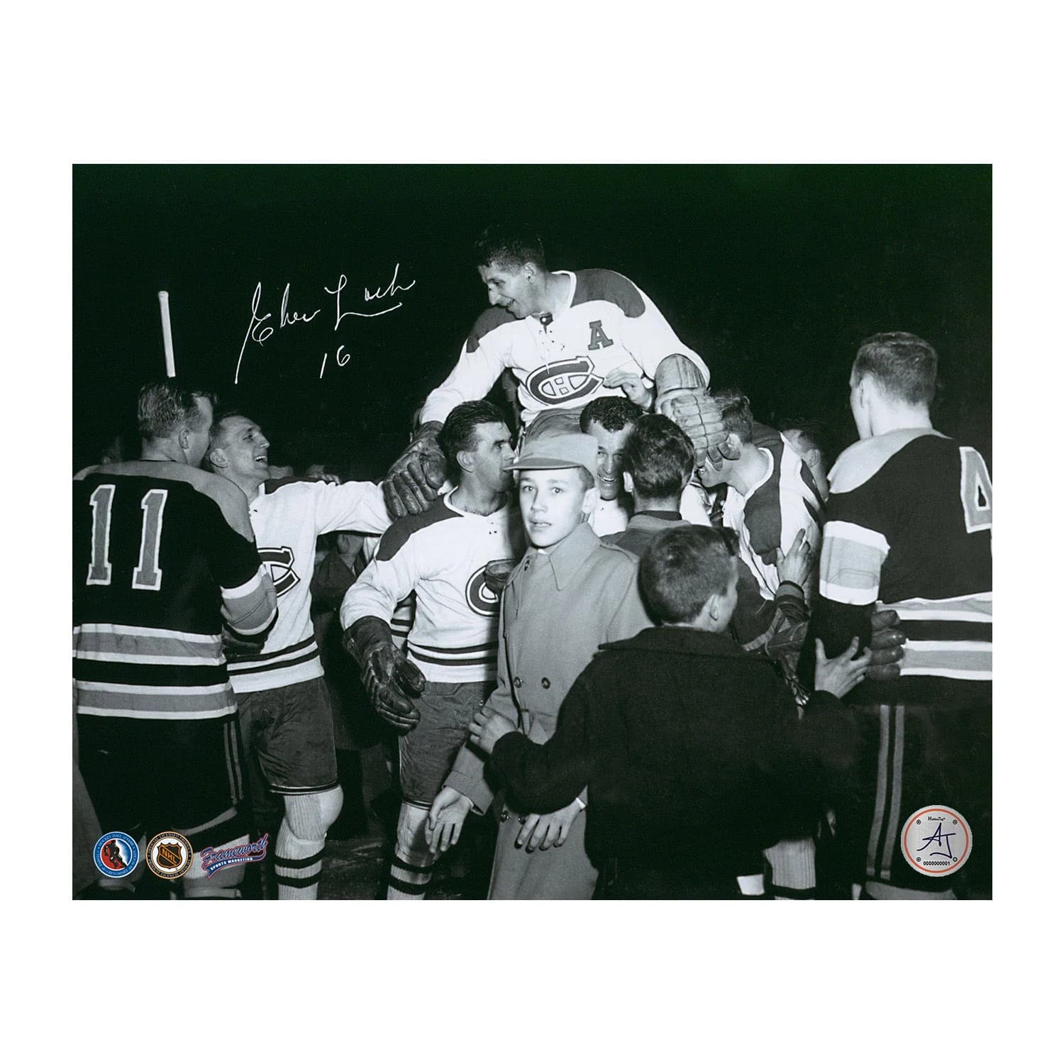 Elmer Lach Autographed Montreal Canadiens Carry Off Celebration 8x10 Photo Elmer Lach Photo 8x10-carry-off-celebration, Montreal Canadiens, supplier stock photo
