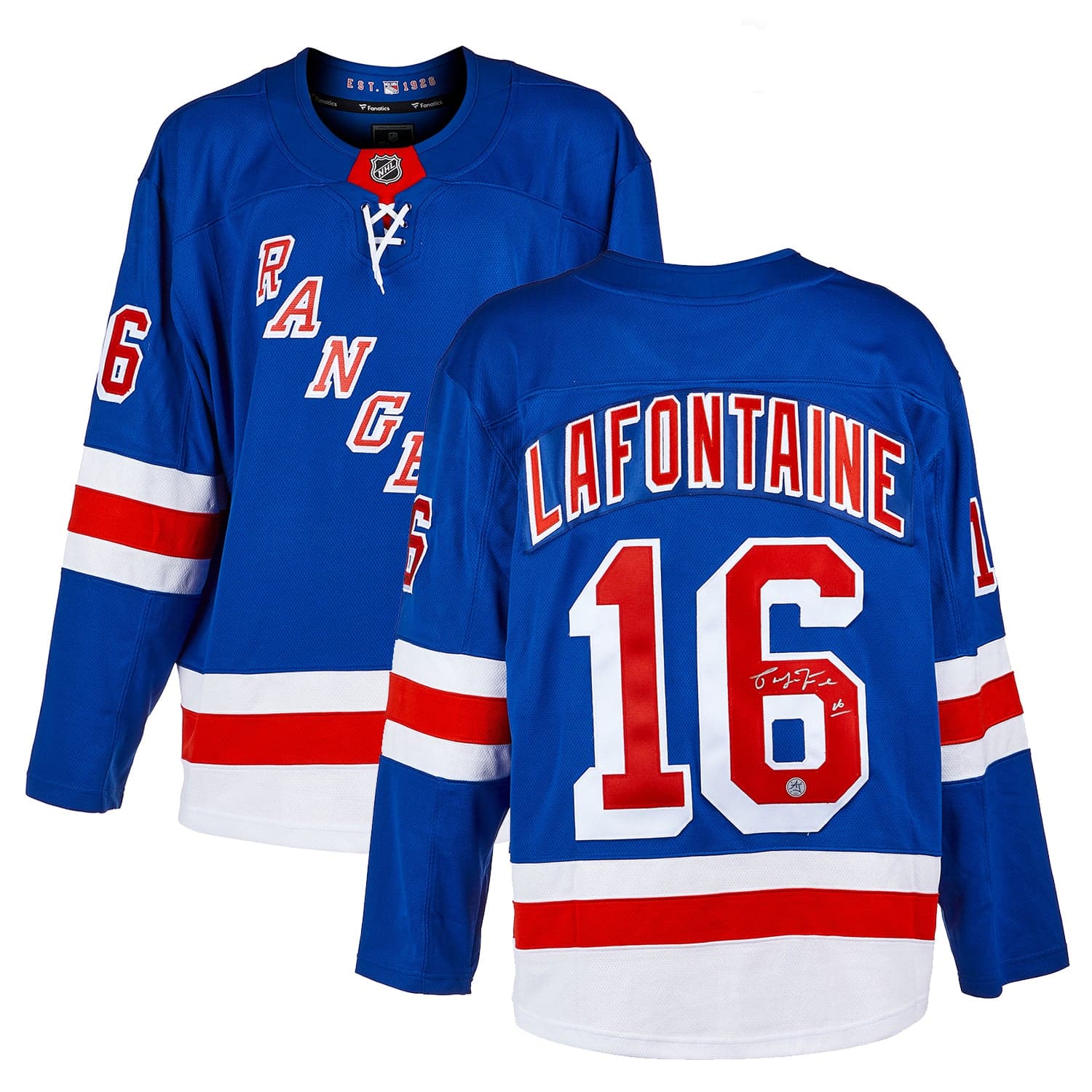 Pat LaFontaine Autographed New York Rangers Fanatics Breakaway Jersey Pat LaFontaine Jersey breakaway, New York Rangers, view 2, supplier stock photo