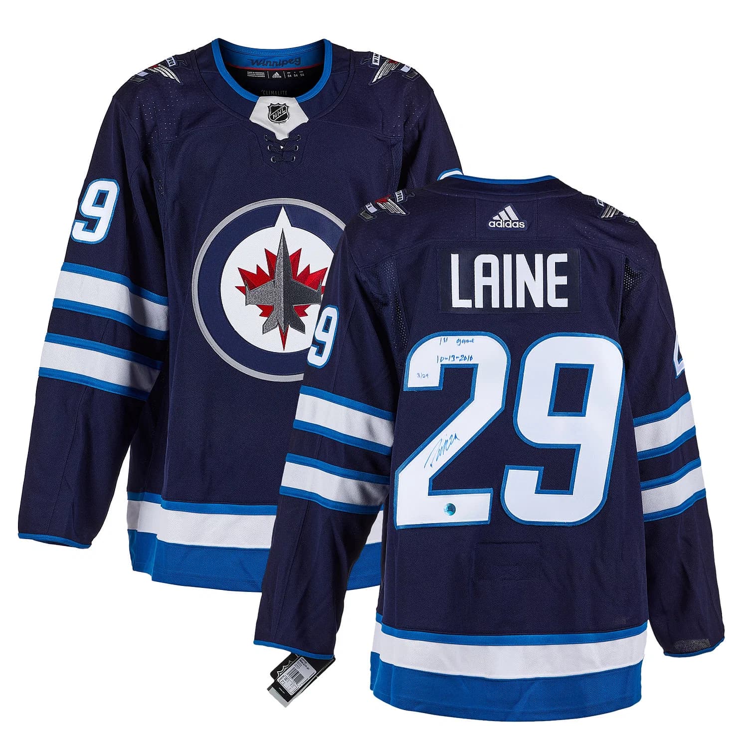Patrik Laine Winnipeg Jets Signed & Dated 1st Game adidas Jersey #/29 Patrik Laine Jersey dated-1st-game-adidas-29, Winnipeg Jets, view 3, supplier stock photo
