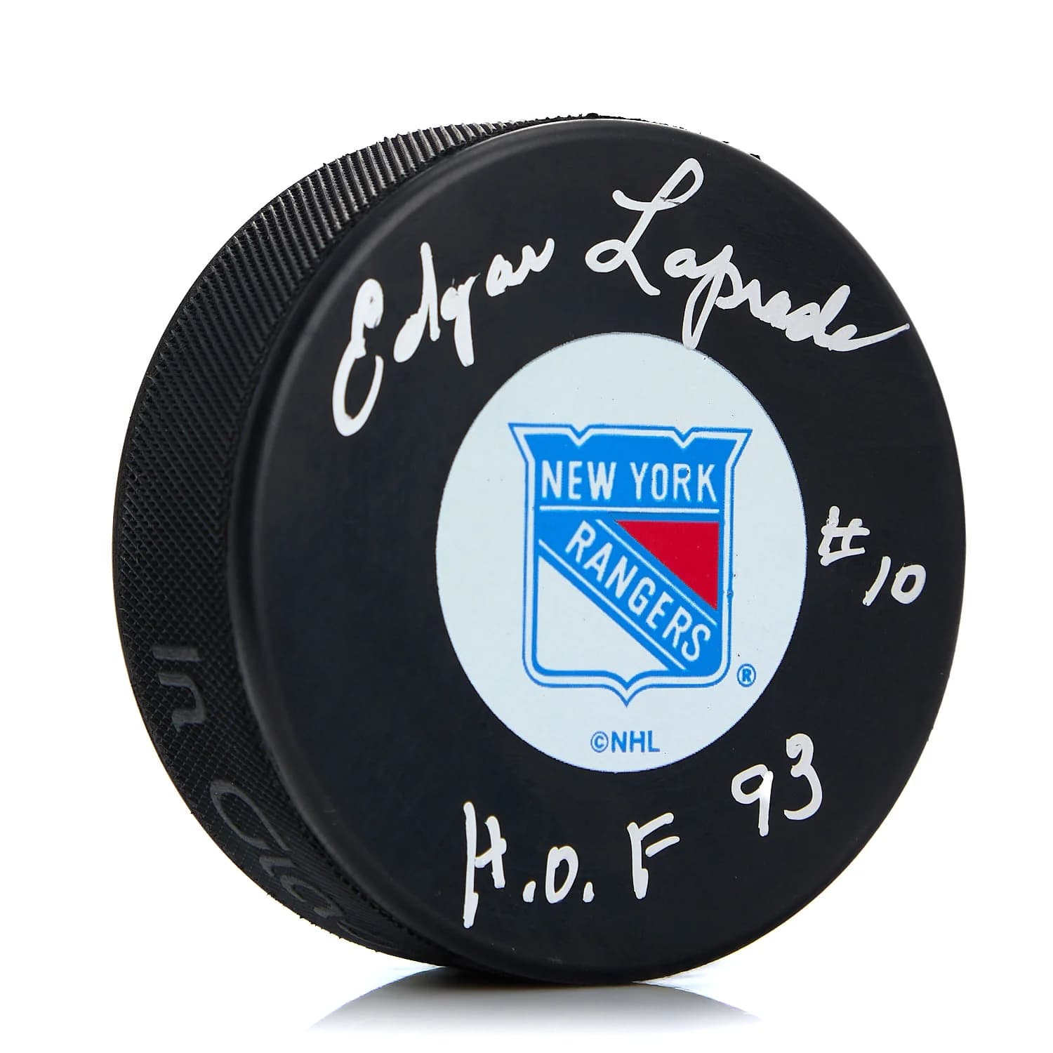 Edgar Laprade Signed New York Rangers Hockey Puck with HOF Note Edgar Laprade Puck hockey-hof-note, New York Rangers, supplier stock photo
