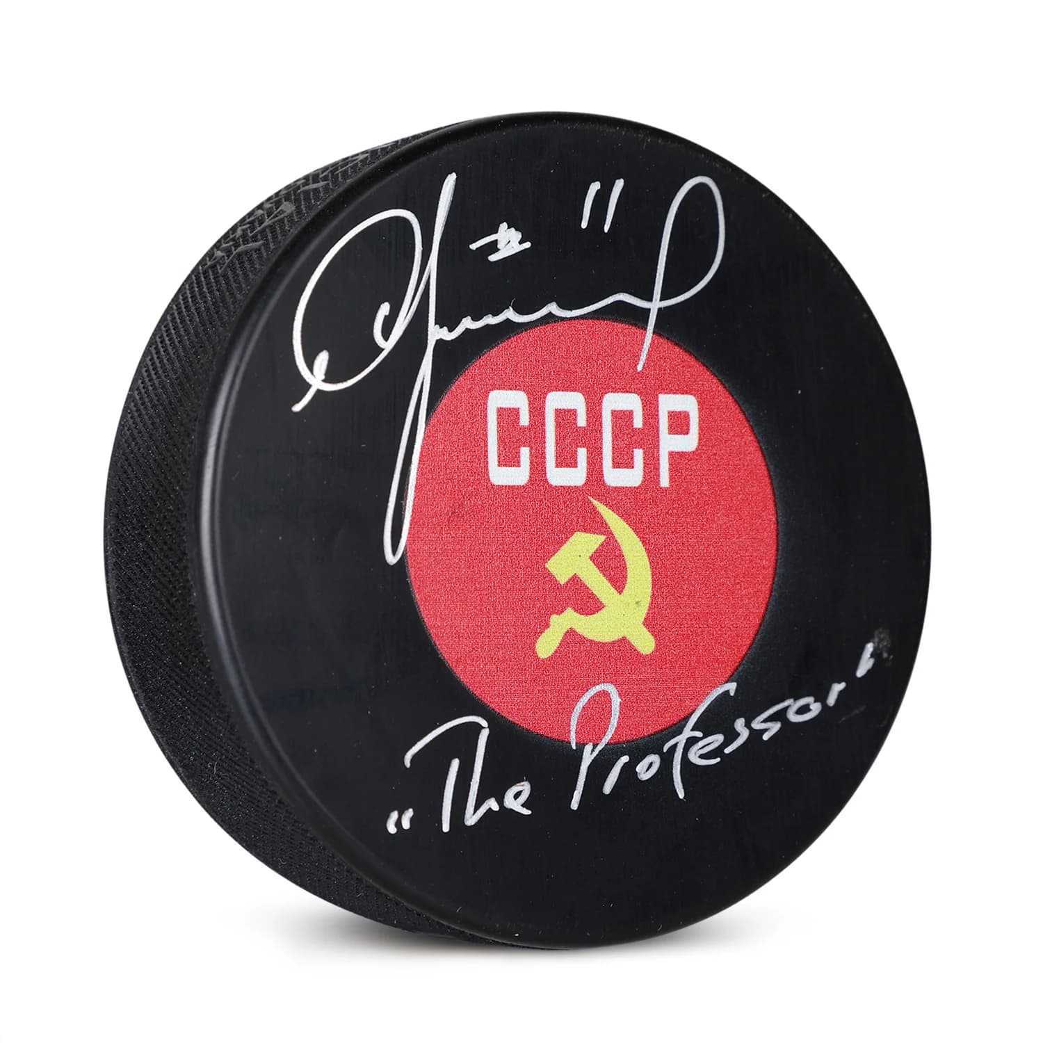 Igor Larionov Signed Soviet Union Hockey Puck with The Professor Note Igor Larionov Puck soviet-union-hockey-professor-note, supplier stock photo