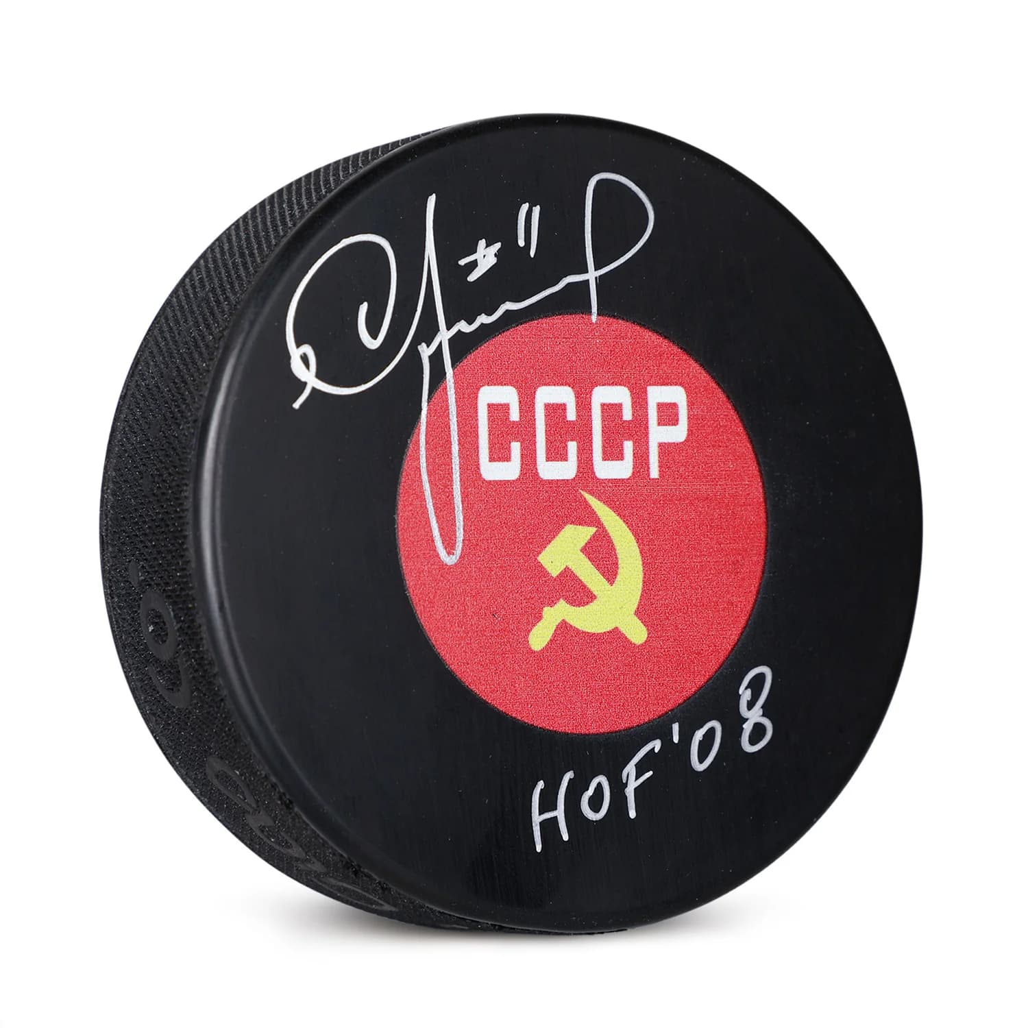 Igor Larionov Signed Soviet Union Hockey Puck with HOF Note Igor Larionov Puck soviet-union-hockey-hof-note, supplier stock photo