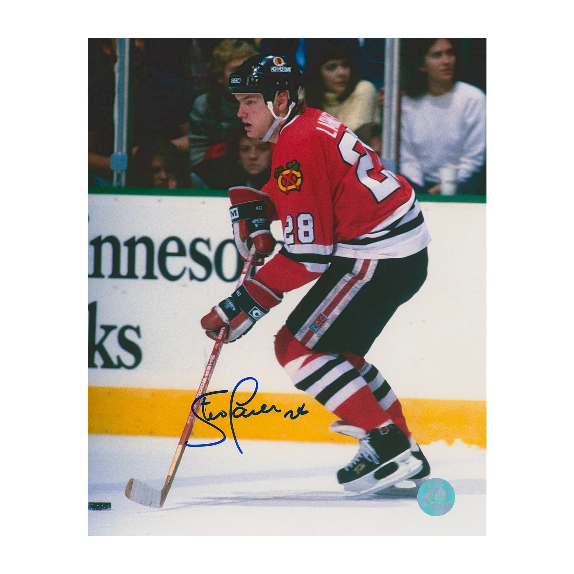 Steve Larmer Autographed Chicago Blackhawks Game Action 8x10 Photo Steve Larmer Photo 8x10-game-action, Chicago Blackhawks, supplier stock photo