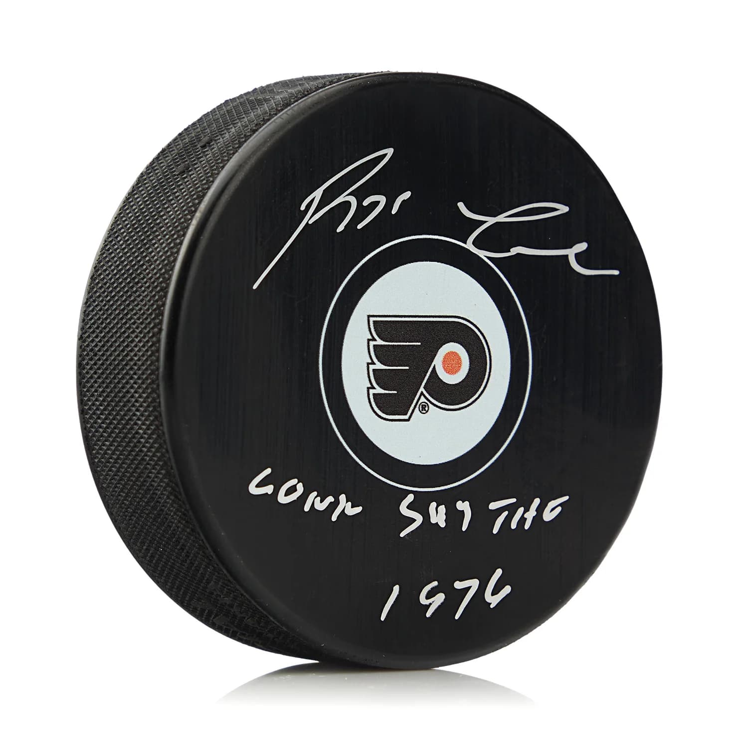 Reggie Leach Signed Philadelphia Flyers Hockey Puck with 76 Conn Smythe Note Reggie Leach Puck hockey-76-conn-smythe-note, Philadelphia Flyers, supplier stock photo