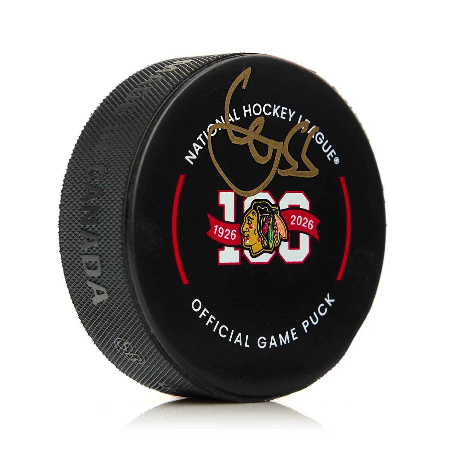 Artyom Levshunov Signed Chicago Blackhawks 100 Year Centennial Season Puck Artyom Levshunov Puck 100-year-centennial-season, Chicago Blackhawks, supplier stock photo