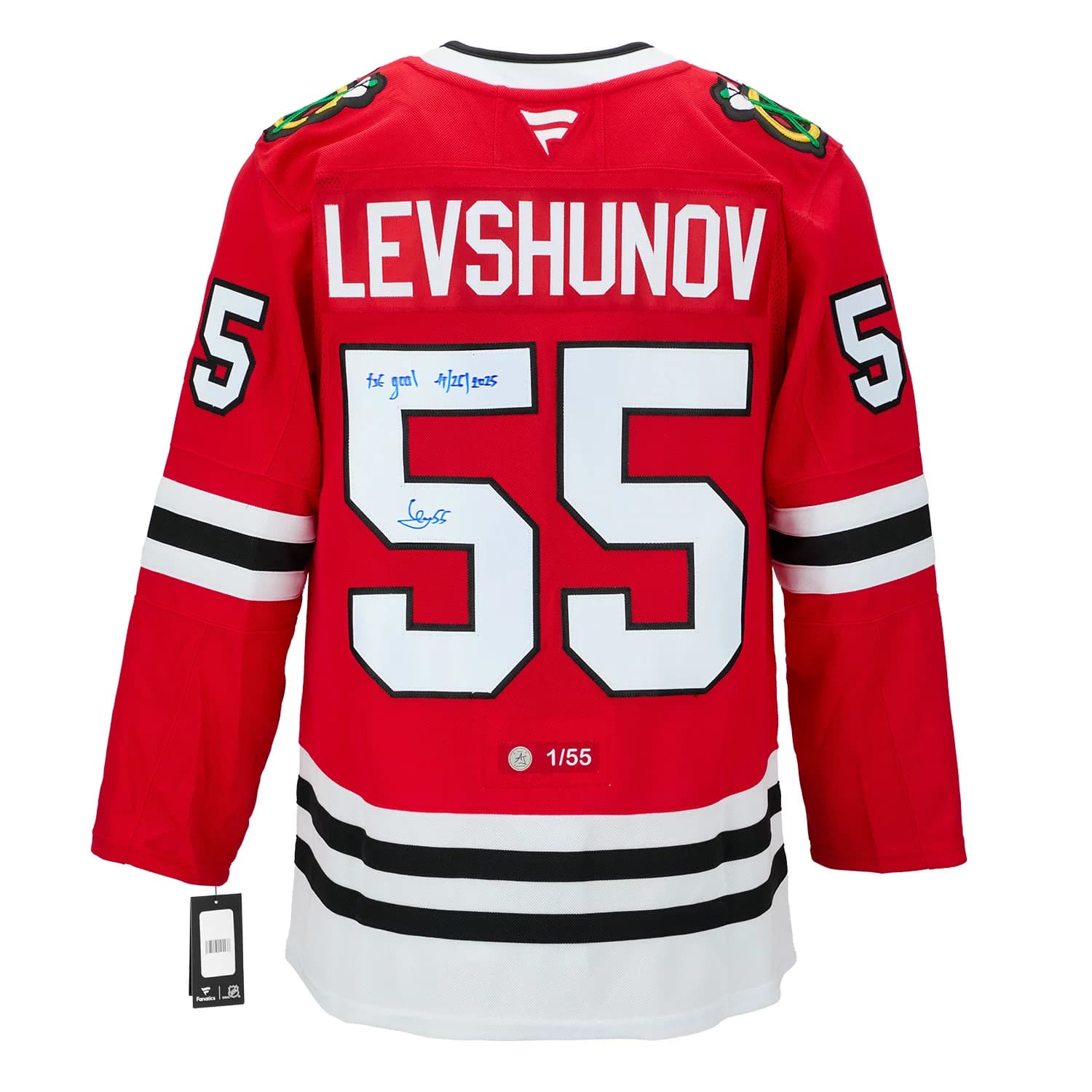 Artyom Levshunov Chicago Blackhawks Signed & Dated 1st Goal Jersey #/55 Artyom Levshunov Jersey artyom-levshunov-dated-1st-goal-55, Chicago Blackhawks, supplier stock photo