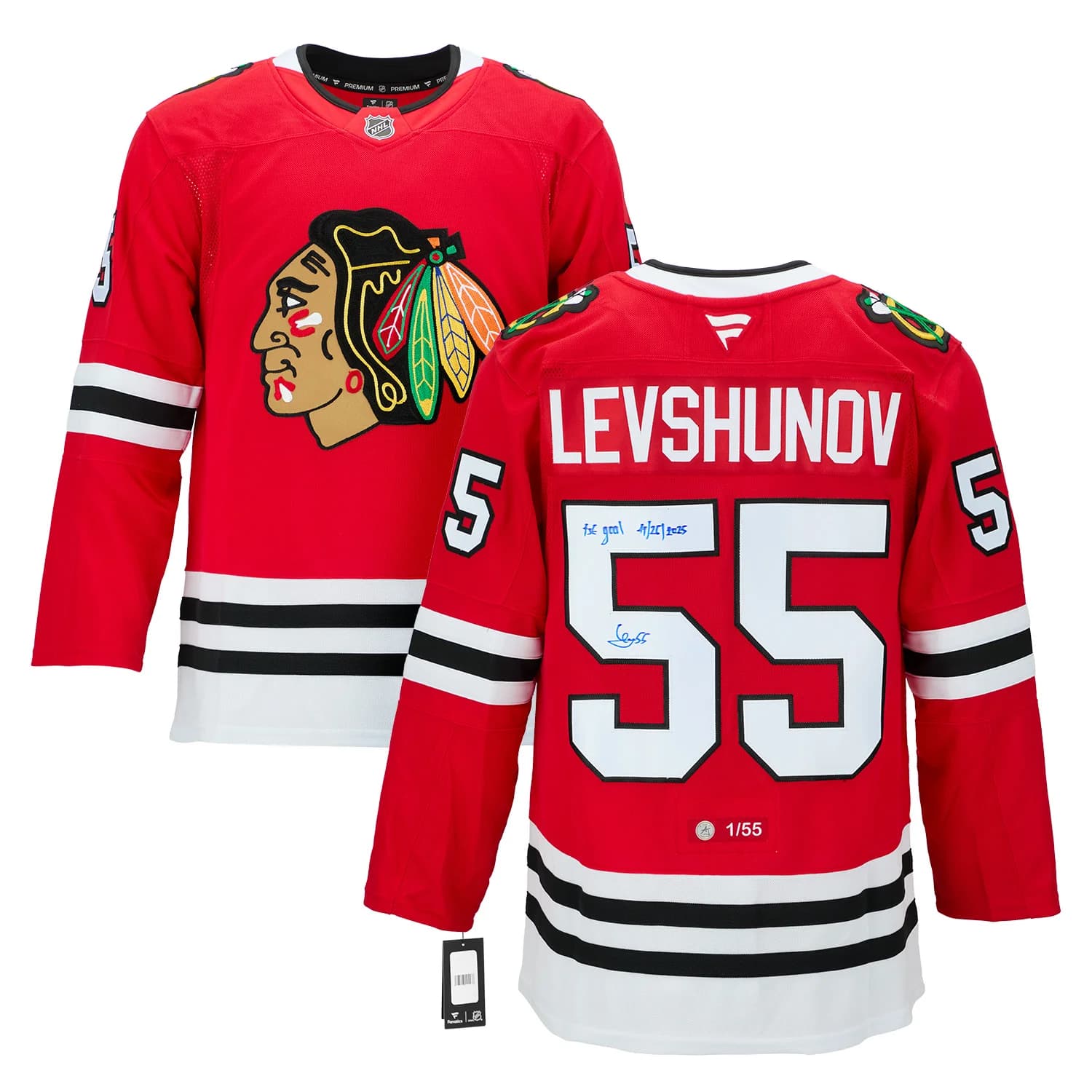 Artyom Levshunov Chicago Blackhawks Signed & Dated 1st Goal Jersey #/55 Artyom Levshunov Jersey artyom-levshunov-dated-1st-goal-55, Chicago Blackhawks, view 3, supplier stock photo