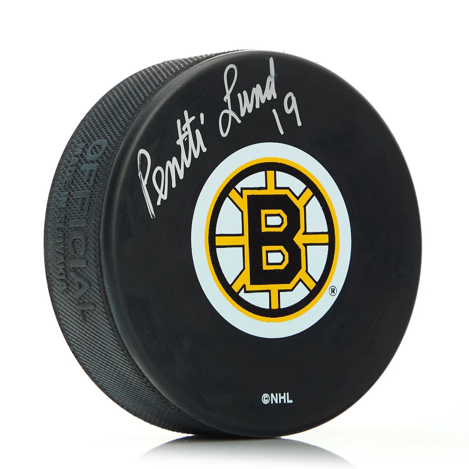 Pentti Lund Boston Bruins Autographed Hockey Puck Pentti Lund Puck hockey, Boston Bruins, supplier stock photo