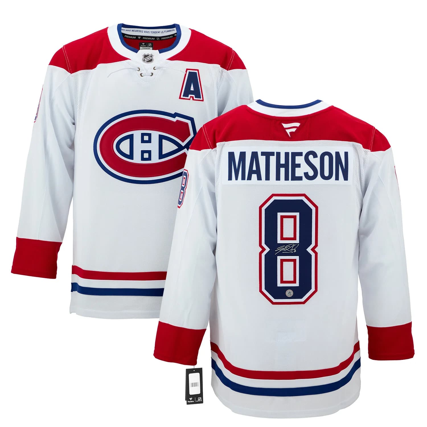 Mike Matheson Signed Montreal Canadiens White Fanatics Premium Jersey Mike Matheson Jersey white-premium, Montreal Canadiens, view 3, supplier stock photo