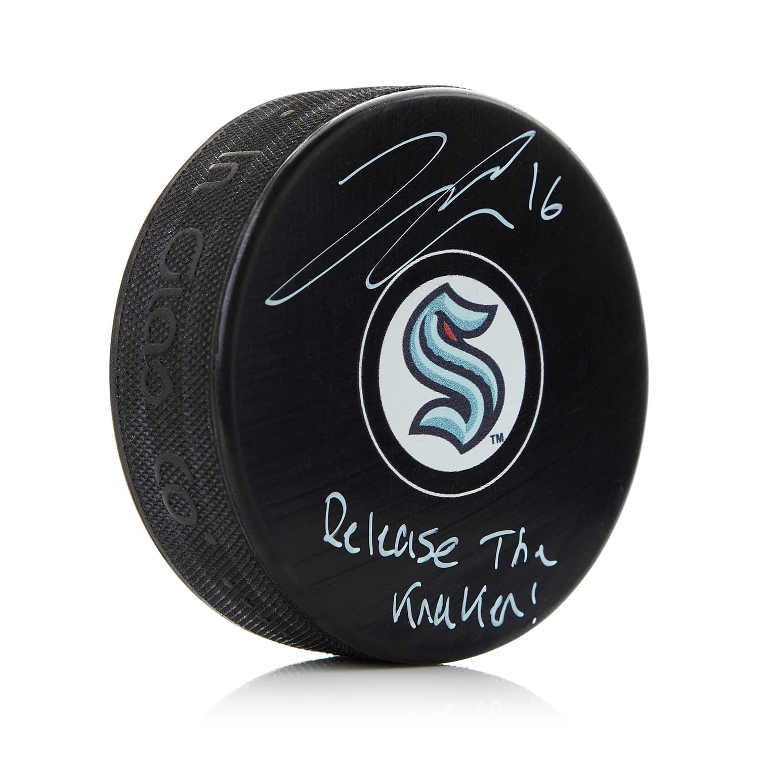 Jared McCann Signed Seattle Kraken Release The Kraken Puck Jared McCann Puck release, Seattle Kraken, supplier stock photo