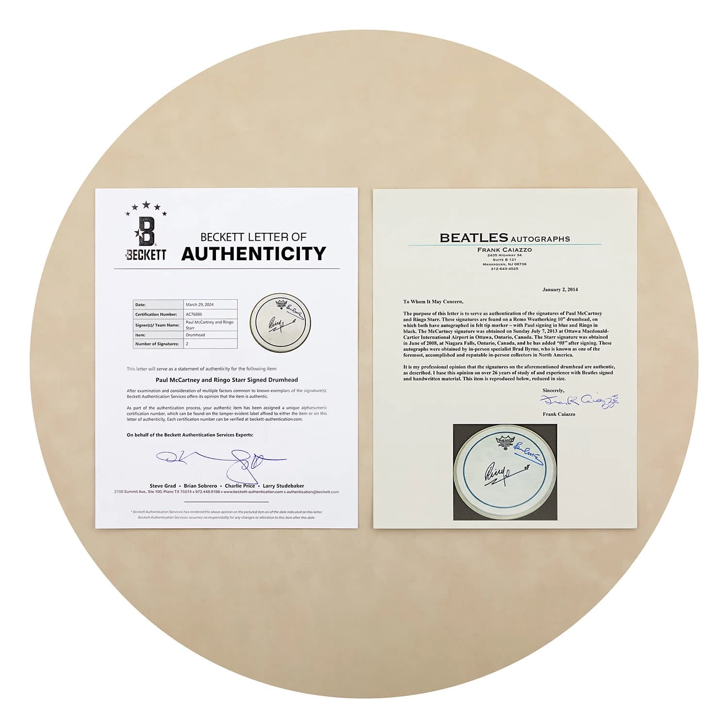 Paul McCartney & Ringo Starr Beatles Signed Remo Drumhead Beckett & Caiazzo COA Other paul-mccartney-ringo-starr-beatles-remo, view 2, supplier stock photo