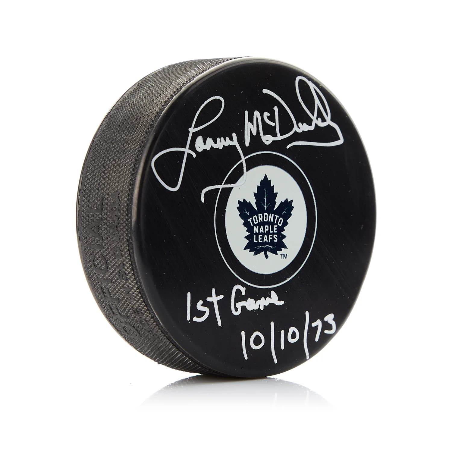 Lanny McDonald Signed Toronto Maple Leafs Puck with First Game Note Lanny McDonald Puck first-game-note, Toronto Maple Leafs, supplier stock photo