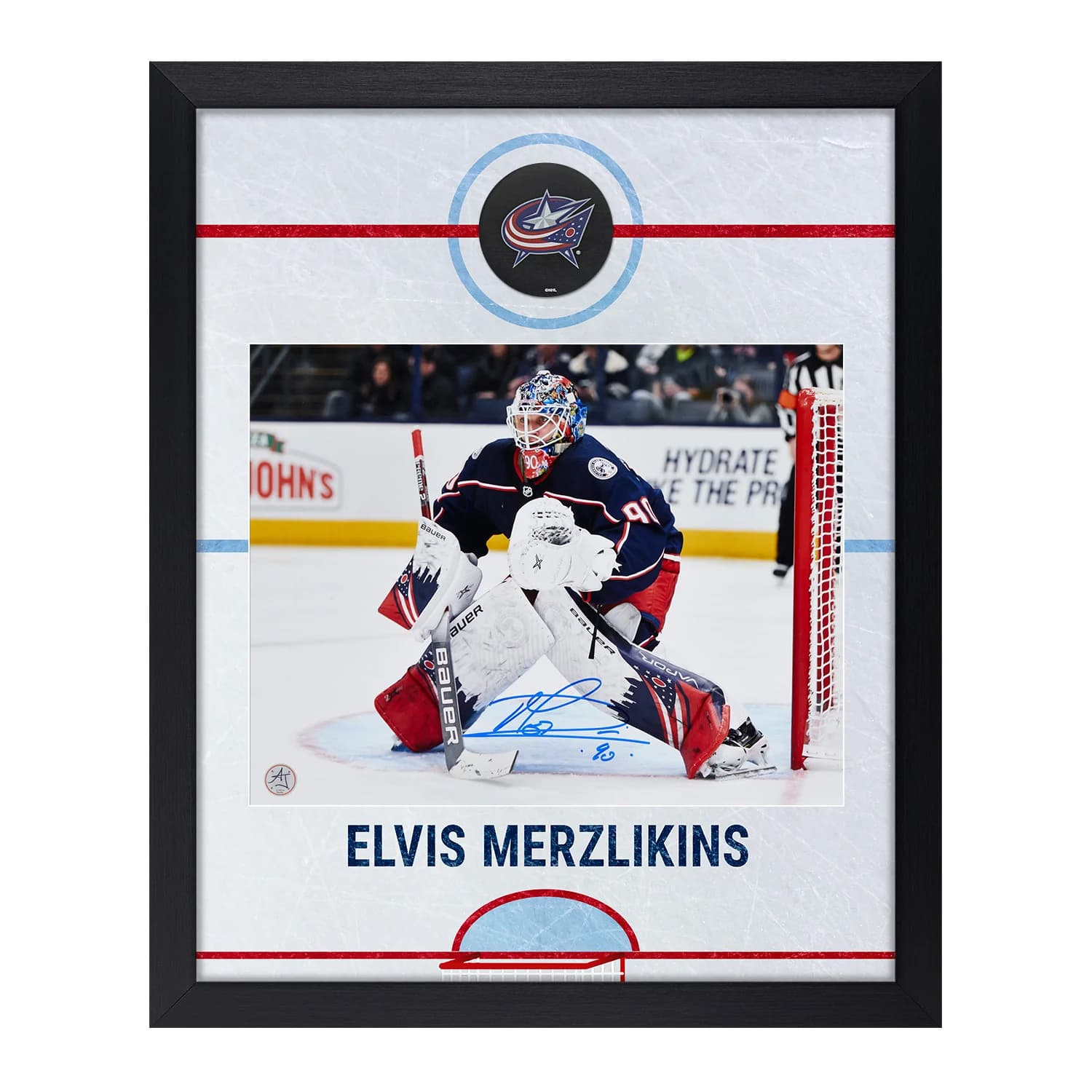 Elvis Merzlikins Signed Columbus Blue Jackets Graphic Rink 19x23 Frame Elvis Merzlikins Other 19x23-graphic-rink-frame, Columbus Blue Jackets, supplier stock photo