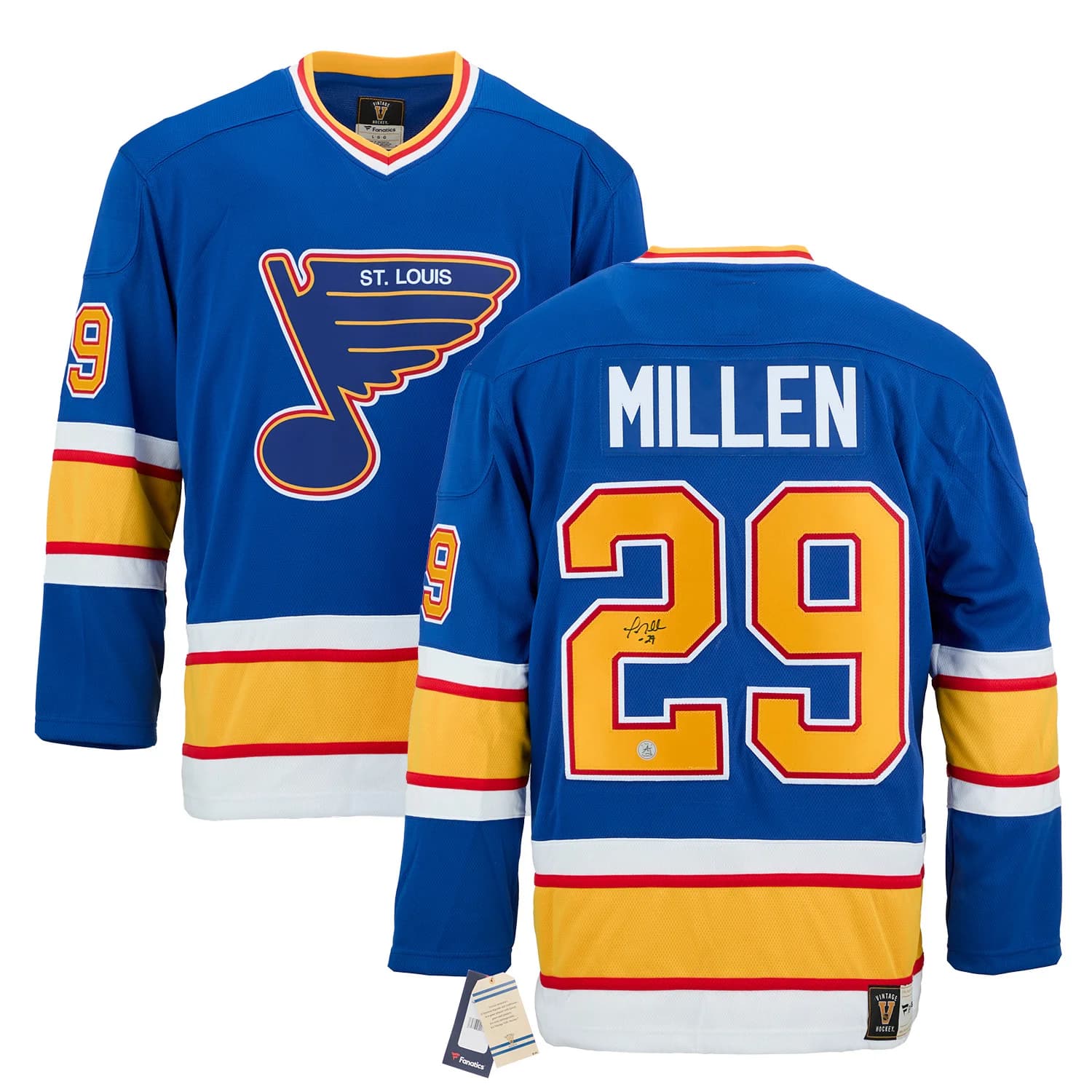 Greg Millen Autographed St Louis Blues Fanatics Throwback Jersey Greg Millen Jersey throwback, St. Louis Blues, view 3, supplier stock photo