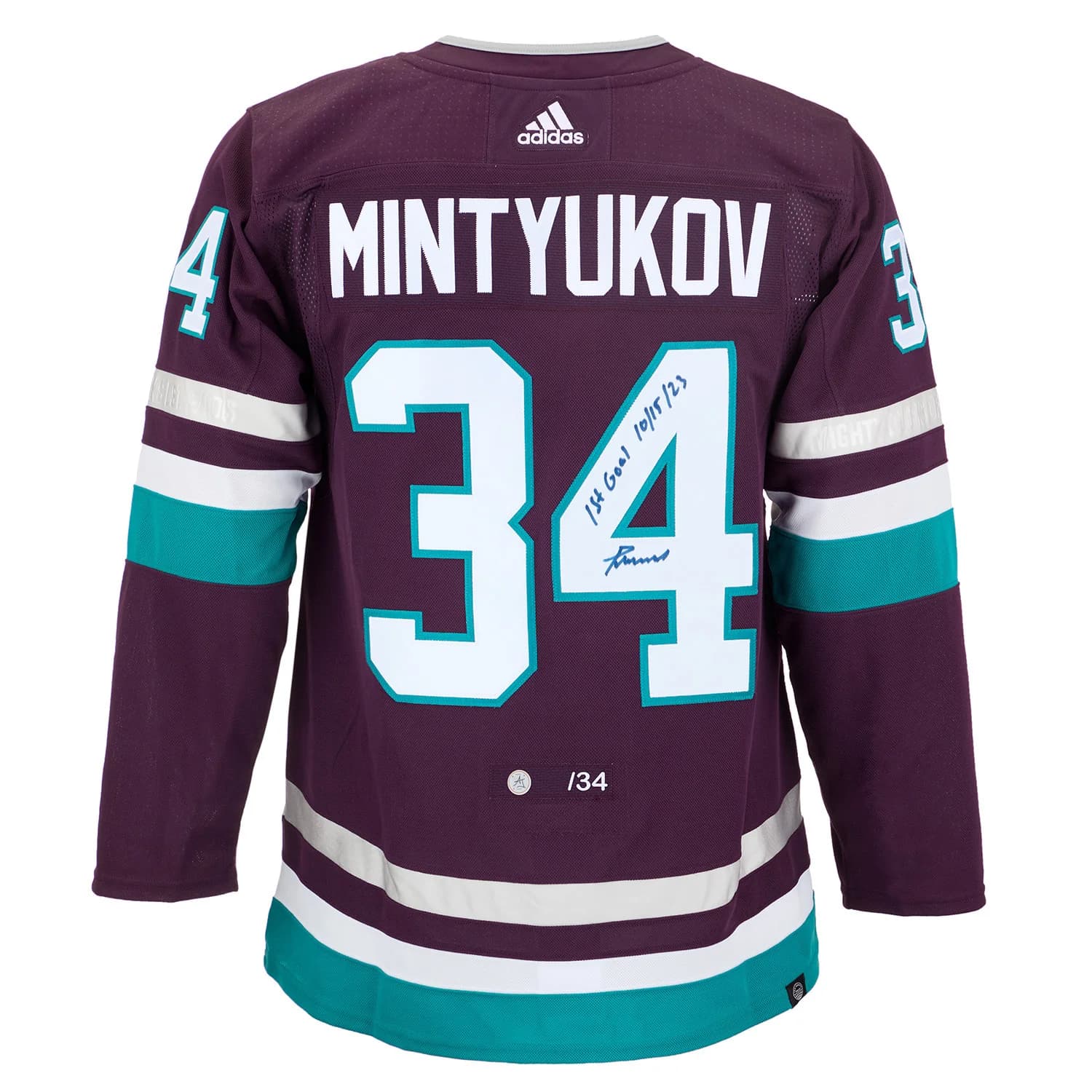 Pavel Mintyukov Anaheim Ducks Signed & Dated 1st Goal adidas Jersey #/34 Pavel Mintyukov Jersey dated-1st-goal-adidas-34, Anaheim Ducks, supplier stock photo