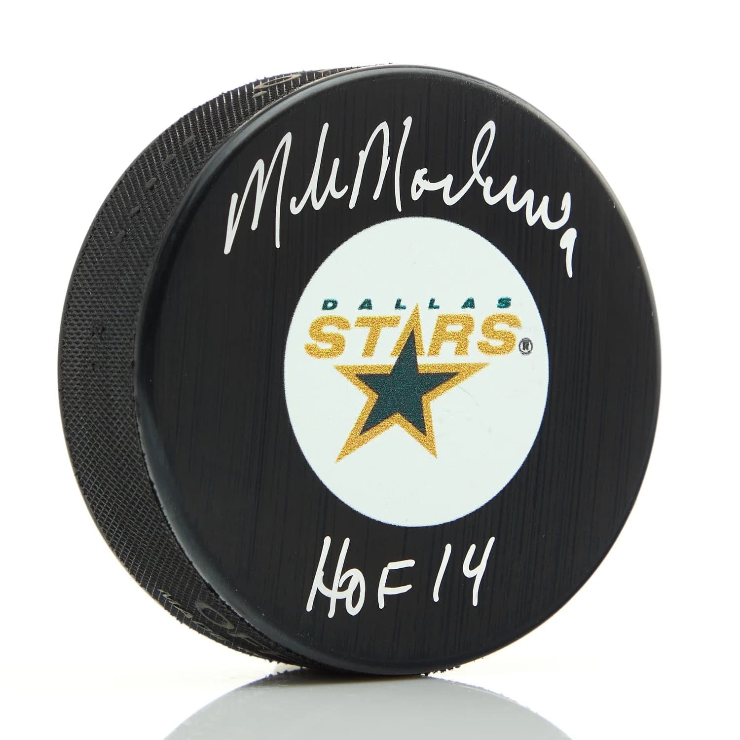 Mike Modano Autographed Dallas Stars Retro Logo Puck with HOF Note Mike Modano Puck retro-logo-hof-note, Dallas Stars, supplier stock photo