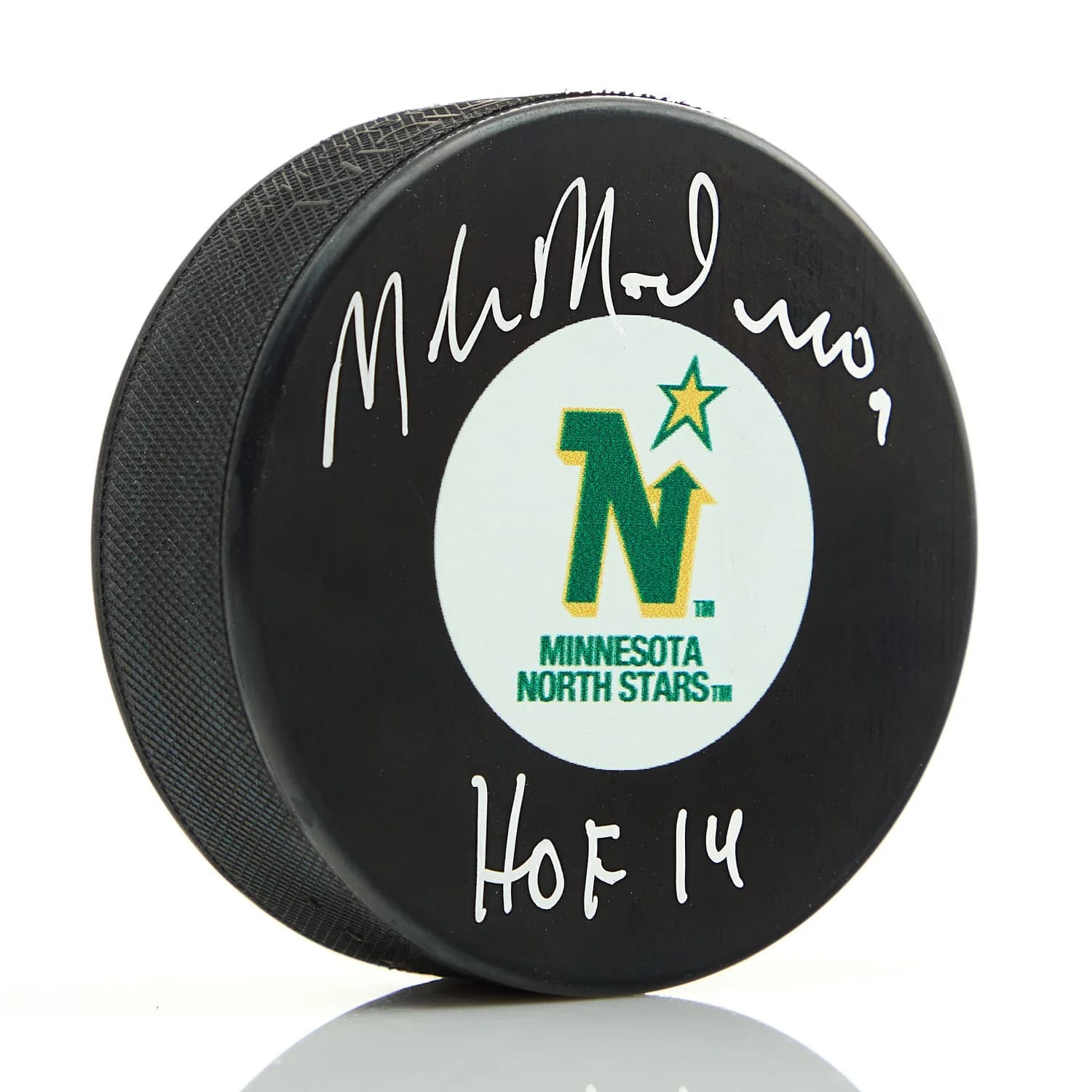 Mike Modano Autographed Minnesota North Stars Retro Logo Puck with HOF Note Mike Modano Puck minnesota-north-stars-retro-logo-hof, supplier stock photo