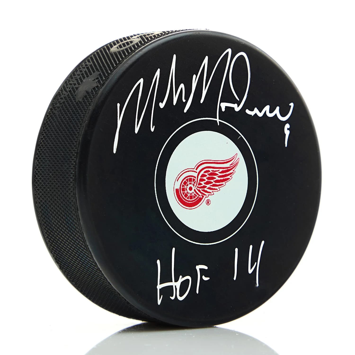 Mike Modano Autographed Detroit Red Wings Hockey Puck with HOF Note Mike Modano Puck hockey-hof-note, Detroit Red Wings, supplier stock photo