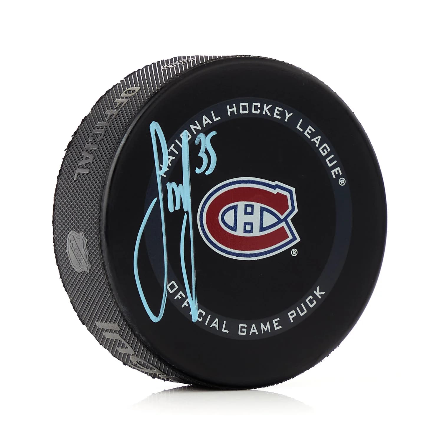 Sam Montembeault Signed Montreal Canadiens Official Game Puck Sam Montembeault Puck game, Montreal Canadiens, supplier stock photo