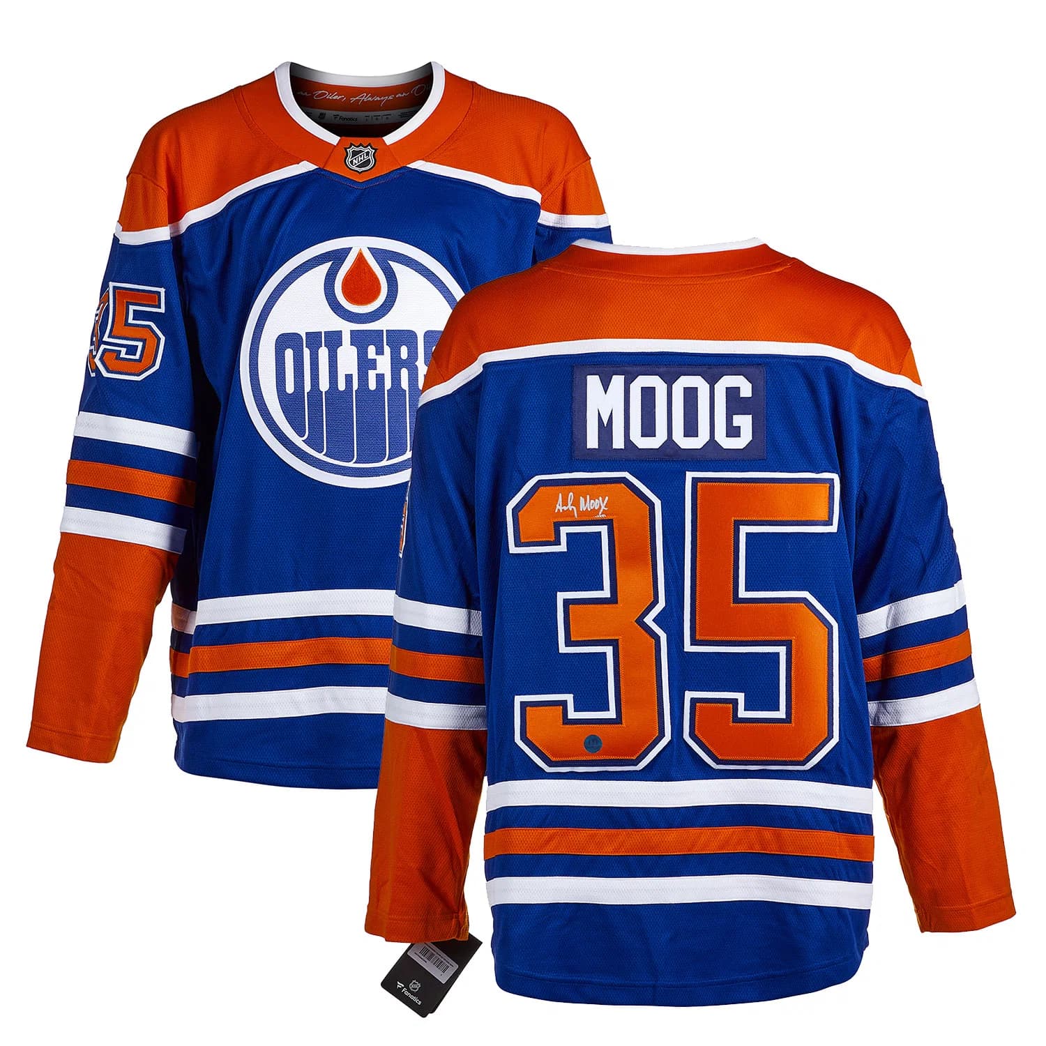 Andy Moog Autographed Edmonton Oilers Fanatics Breakaway Jersey Andy Moog Jersey breakaway, Edmonton Oilers, view 3, supplier stock photo