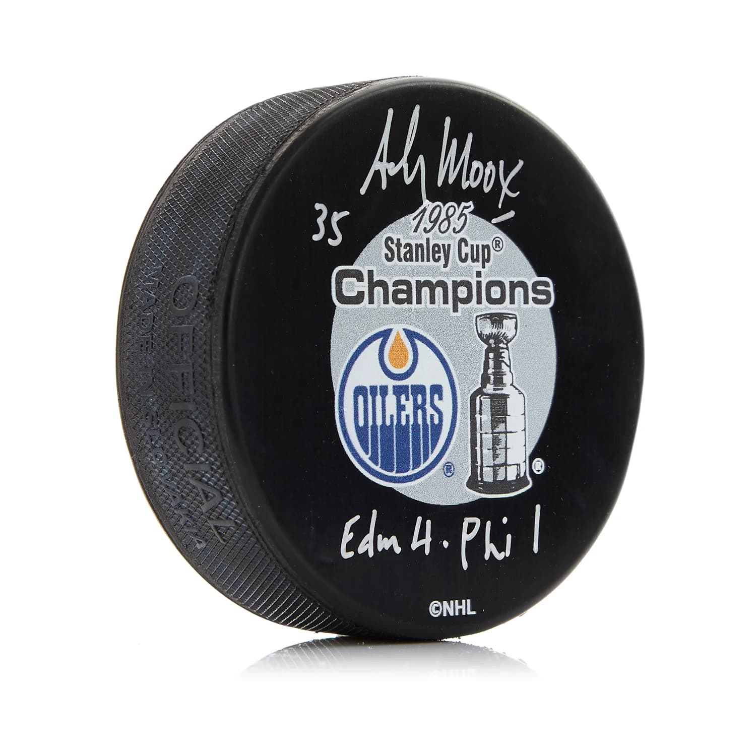 Andy Moog Signed Edmonton Oilers 1985 Champions Puck with Cup Note Andy Moog Puck 1985-champions-cup-note, Edmonton Oilers, supplier stock photo