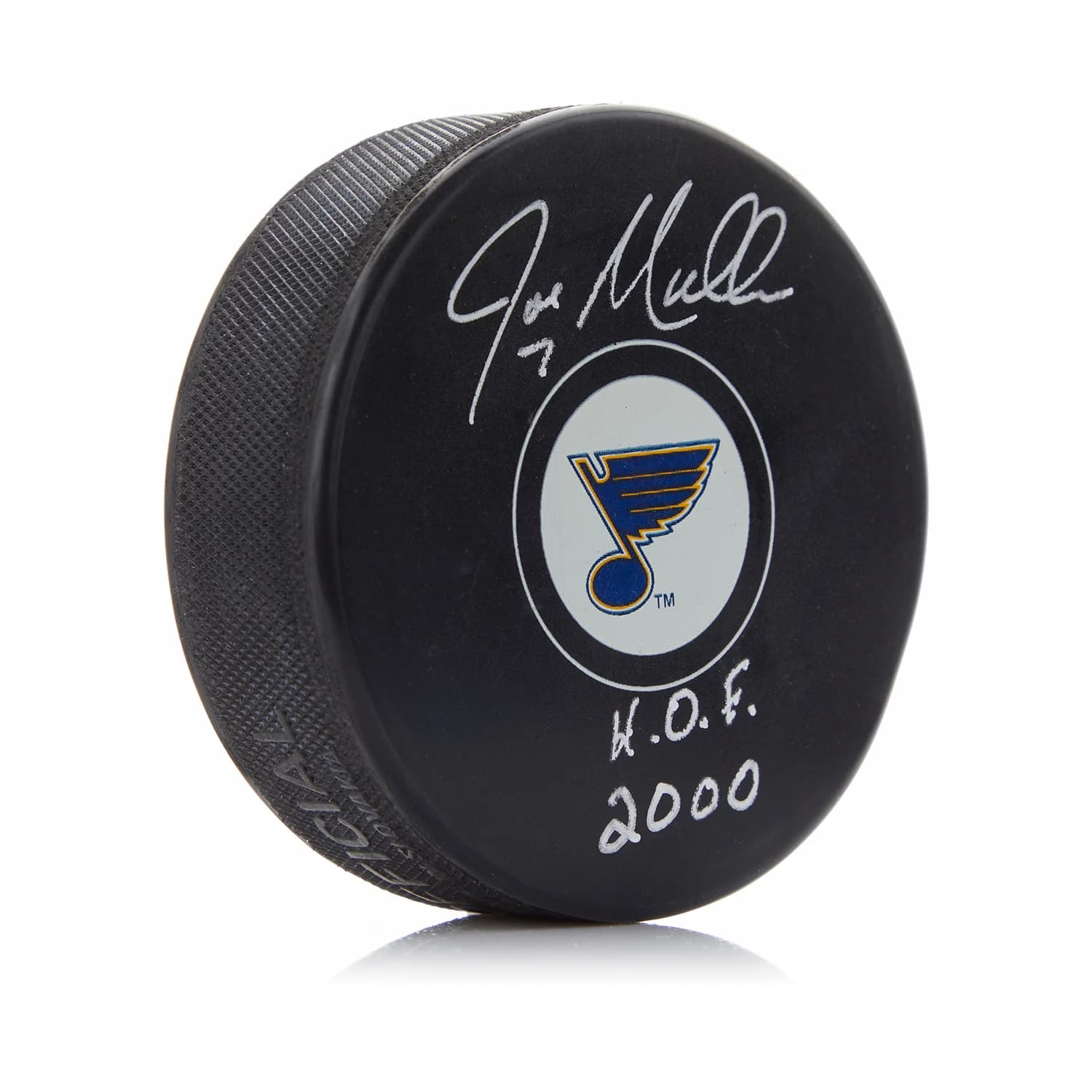 Joe Mullen Signed St Louis Blues Hockey Puck with HOF Note Joe Mullen Puck hockey-hof-note, St. Louis Blues, supplier stock photo