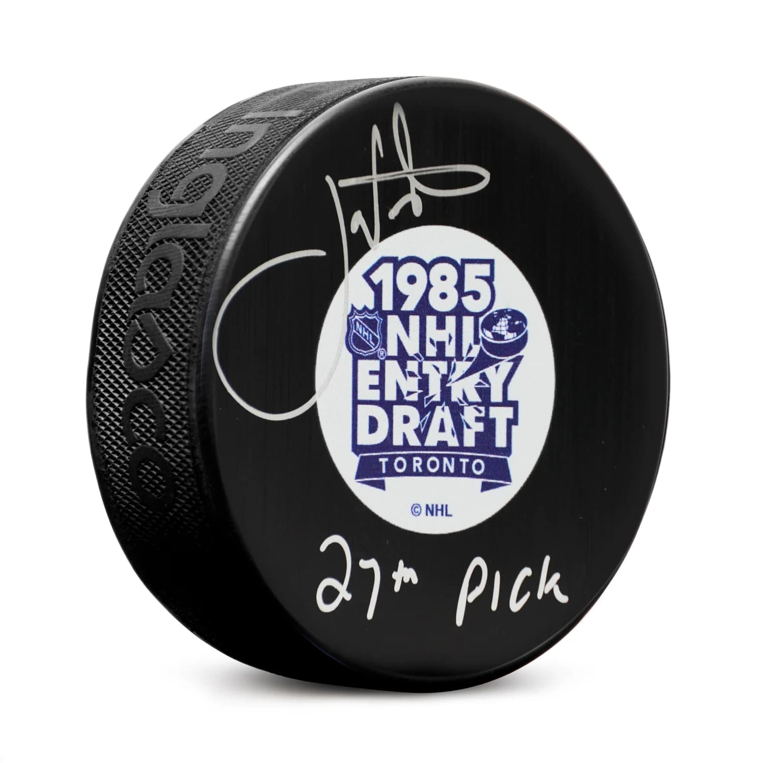 Joe Nieuwendyk Signed 1985 NHL Entry Draft Puck with 27th Pick Note Joe Nieuwendyk Puck 1985-nhl-entry-draft-27th-pick, supplier stock photo
