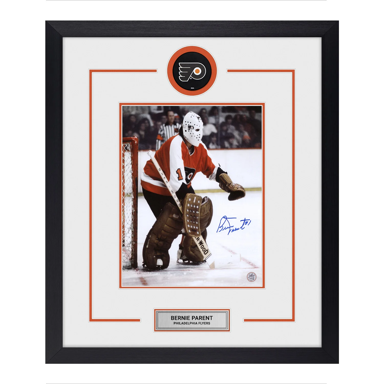 Bernie Parent Autographed Philadelphia Flyers Puck Logo 23x27 Frame Bernie Parent Puck 23x27-logo-frame, Philadelphia Flyers, supplier stock photo