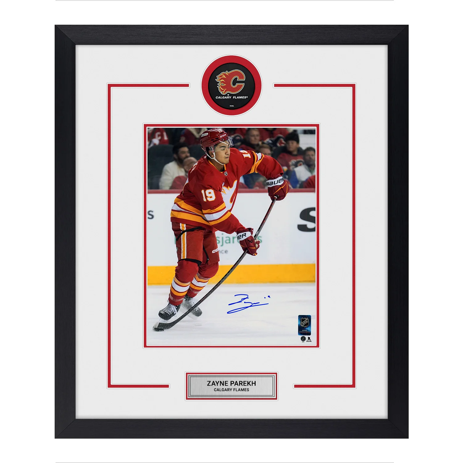 Zayne Parekh Autographed Calgary Flames Puck Logo 22x26 Frame Zayne Parekh Puck 22x26-logo-frame, Calgary Flames, supplier stock photo